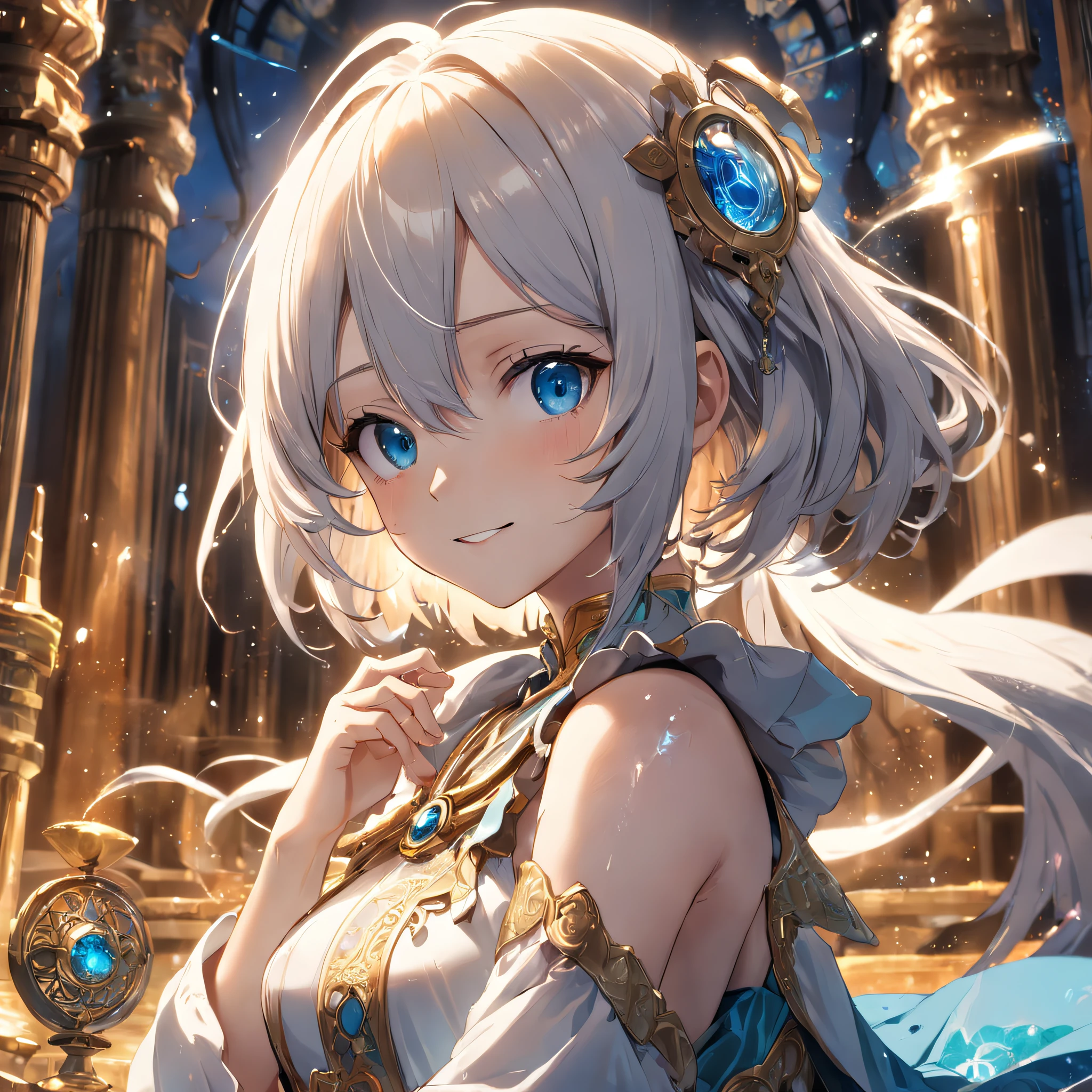 ((top-quality)), ((masutepiece)), (ultra-detailliert:1.4),(32k images),(Ultra-high detail),Best Anime,sharpness,The best wallpapers,Manipulation of light:0.9,Fantastical,(the Wise),Smile,Fantasy World Library 1.1, (Perfect anatomy without destruction),(Beautiful eyes with detailed and detailed details,Lustrous eyes),(Beautiful robes with detailed details:1.1),(Glossy short hair:1.4),beret,glimmering light:0.7,Having ancient documents,stain glass,0.8,apples:0.7 Sitting on a chair:1.3,monocle:1