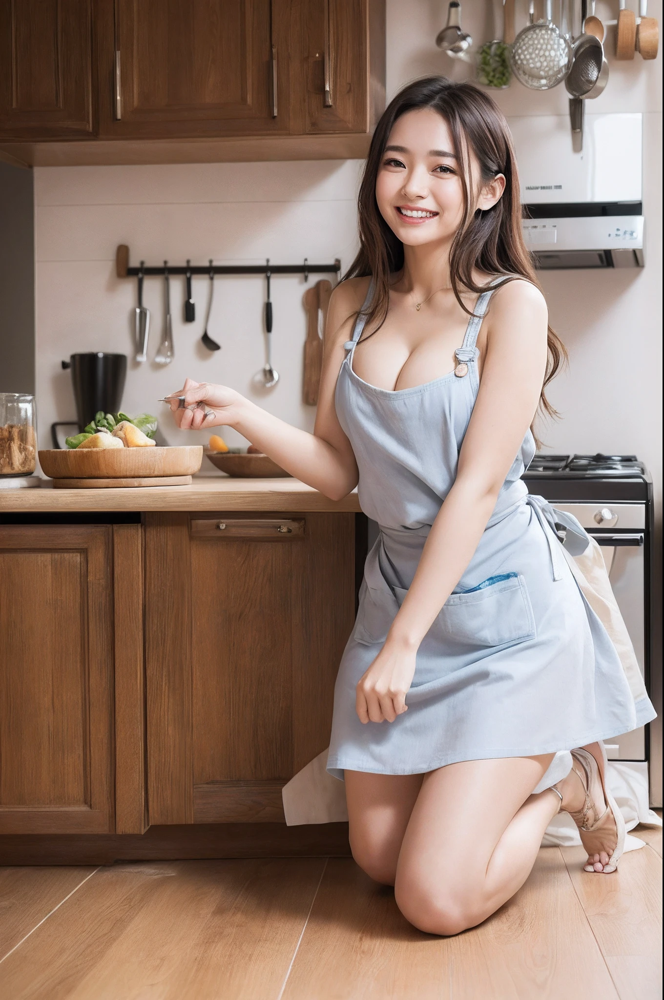 (​masterpiece)、(top-quality: 1.4)、absurderes、[:intricate-detail: 0.2]、１Man Woman、SFW、Beautiful attractive adult woman、Happiness、Bursting smile、Cute kitchen apron、Scattered ingredients、kitchin、NAKED Apron、Picking up ingredients on the floor、Kneeling on the floor、cleavage of the breast、frombelow