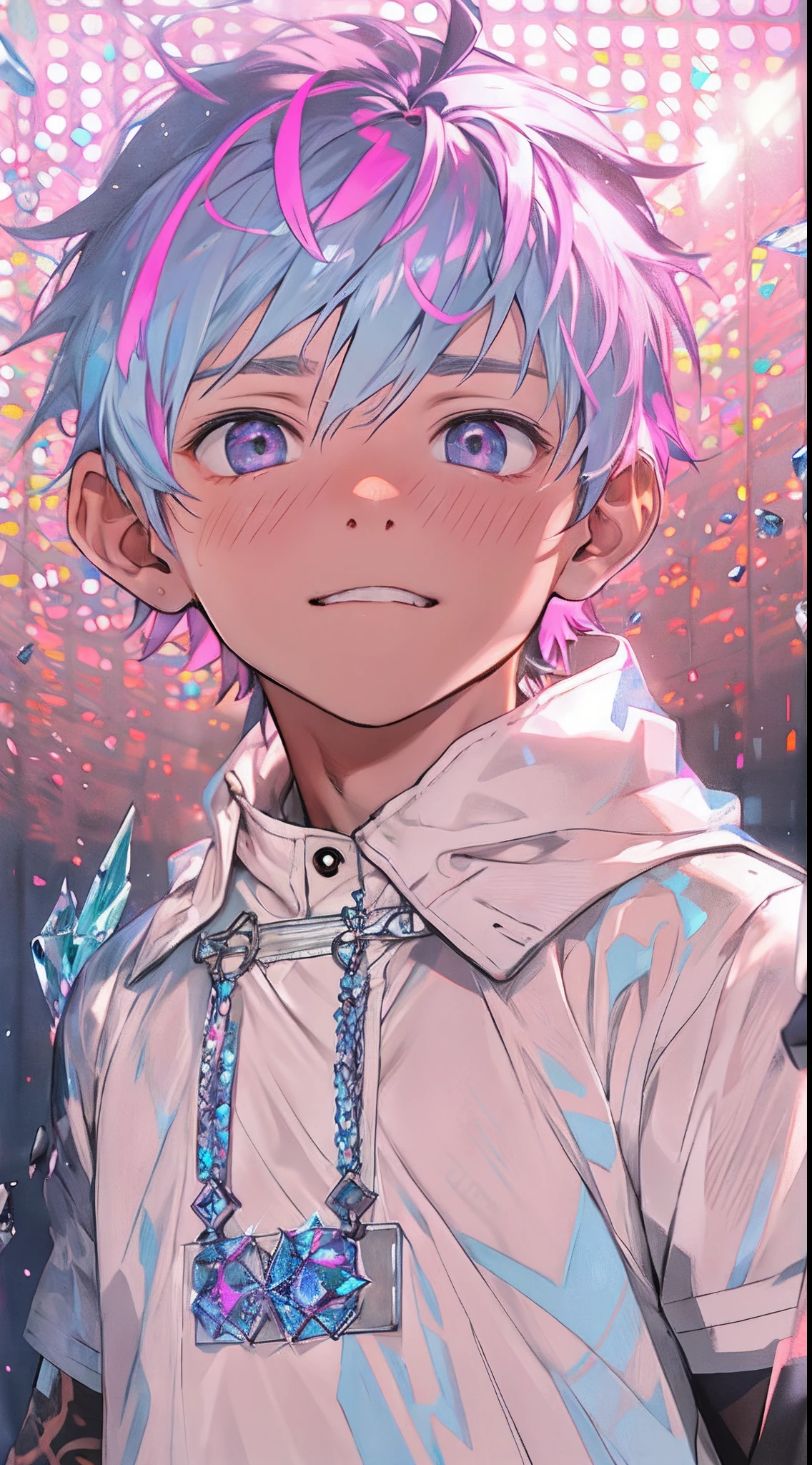 (masterpiece, best quality),Pinkish-purple,Male children,nakeness,Standing posture,Short bright blue hair,A young boy with,younge boy,???'s face,adolable,infancy,Young age,Short round face,Flat chin,children's,infancy,(???'s face),Black Skin Sports Student,Land of Crystals,ice field,Pink belly hair,Pink chest hair,Pink pubic hair,Young age,Flat chin,Fine face in detail,Clean skin,White men's briefs,musculous,Short bright blue hair,Bright Hair,White eyes,Keep your eyes wide open,nakeness,Very narrow low-rise white briefs,White briefs,Pectoralis abdominal muscles,Broad body,Strong and well-developed muscles,Shimmering like a diamond, it shines like a crystal,Bright and vivid colors,(depth of fields:1.2),Positive audience,looking at viewert,the night,Holy,Light-sensitive,byself,are standing,Close-up Shot Shot,glowing,Fluorescent effects