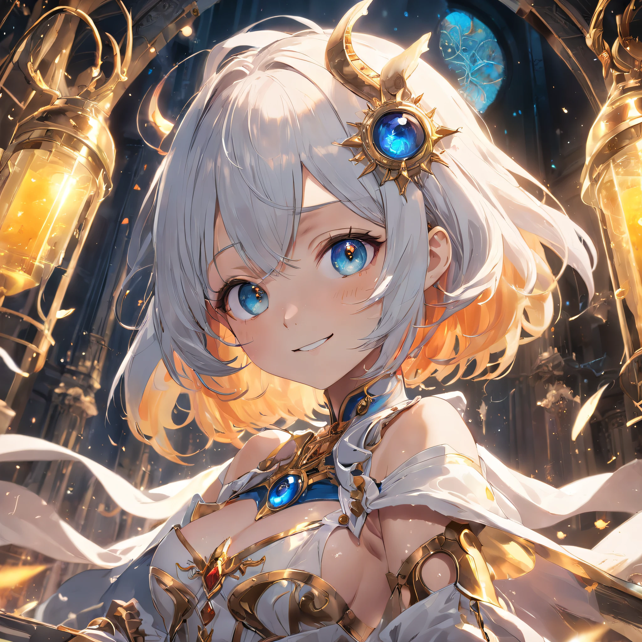 ((top-quality)), ((masutepiece)), (ultra-detailliert:1.4),(32k images),(Ultra-high detail),Best Anime,sharpness,The best wallpapers,Manipulation of light:0.9,Fantastical,(the Wise),Smile,Fantasy World Library 1.1, (Perfect anatomy without destruction),(Beautiful eyes with detailed and detailed details,Lustrous eyes),(Beautiful robes with detailed details:1.1),(Glossy short hair:1.4),beret,glimmering light:0.7,Having ancient documents,stain glass,0.8,apples:0.7 Sitting on a chair:1.3,monocle:1