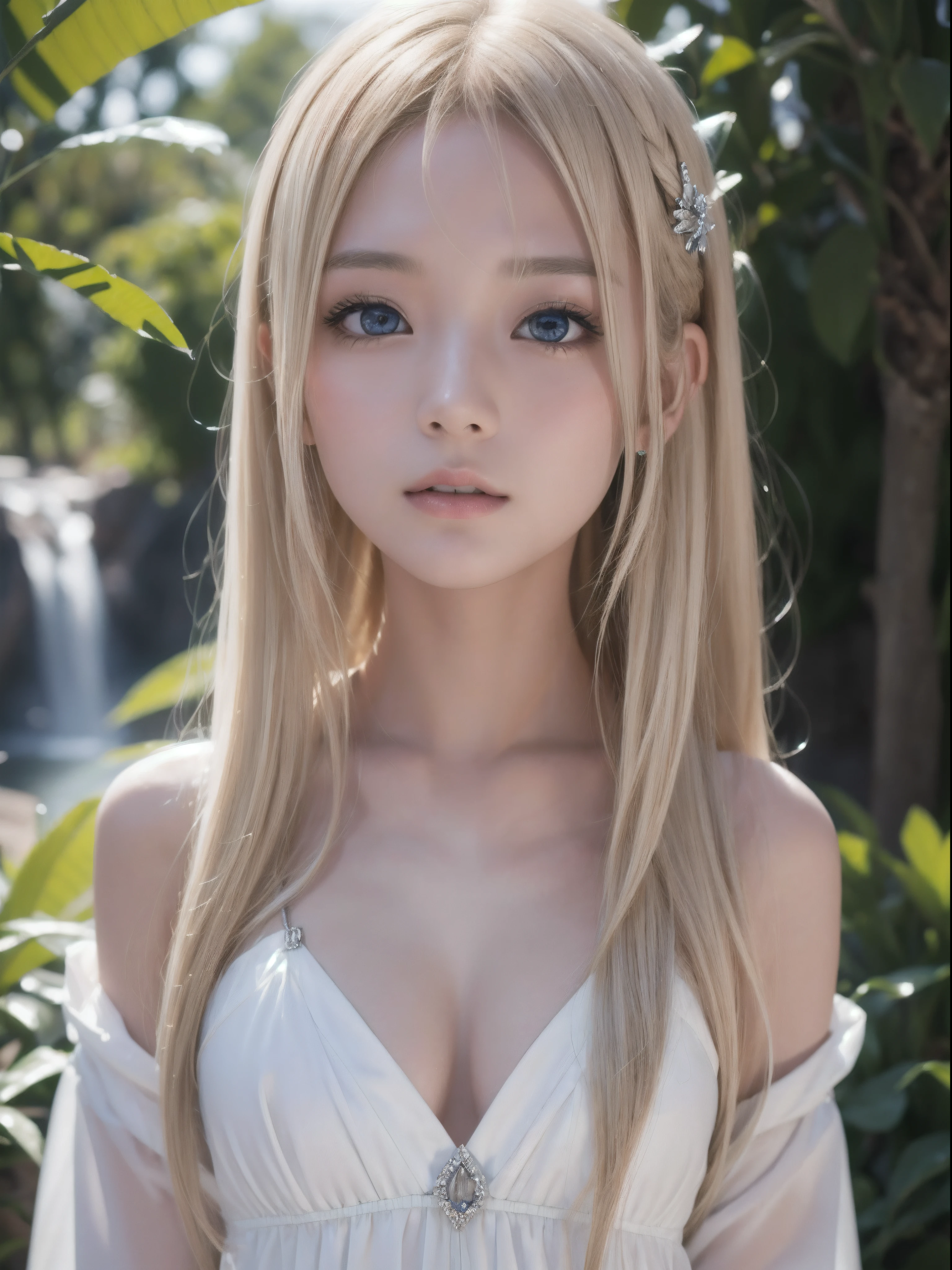 Light smile、natta、Raw photography、(((Portrait of extreme beauty)))、((glistning skin))、女の子1人、16 year old beautiful girl in Prague、bright expression、((platinum-blonde-hair))、[Big blue eyes that shine like jewels]、Glossy glossy skin、Silky long straight hair、eye liner、Beautiful bangs、Hair between the eyes、((​masterpiece、top-quality、ultra-detailliert、Film Light、intricate-detail、hight resolution、ighly detailed))、细致背景、8KUHD、Digital SLR、Soft light、hightquality、Film grain、FujifilmXT3 、Shallow depth of field、natural soft light、（No hands）、Kamimei、Lush bust