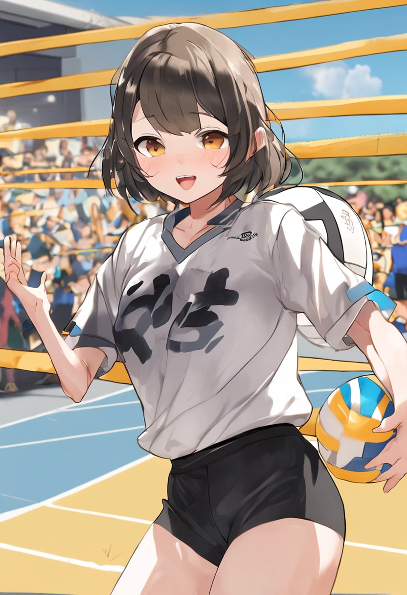 Playing Volleyball、((Yellow volleyball style))、Looking over here、Volleyball court background、Short hairstyle fluttering in the wind、Dark hair、Making facial wrinkles、Teardrops、Has bangs、Take a sexy pose、I can see the side、Face Zoom、Background of the shopping street、Mature mature young woman、Sareme、Large double teeth、Super cute、Nice perfect face with soft skin、8K分辨率、A hyper-realistic、ultra-detailliert、hightquality、((full bodyesbian))、(Keep your mouth shut)、((Be alone))、((dynamicposes))、(camel's toe)、(Sitting on legs bending the knees)、