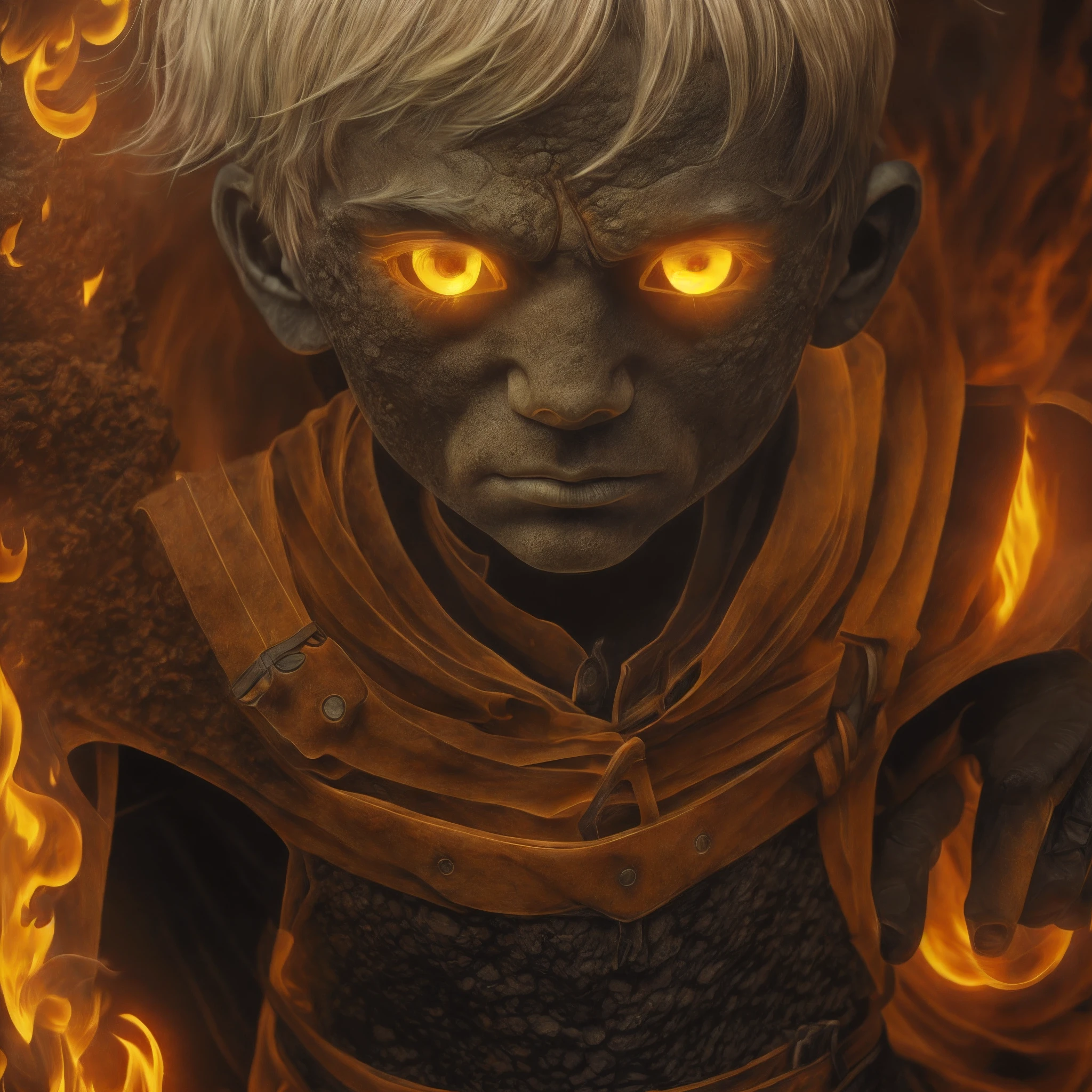 Drawing, fantasy, realism, detail, dynamism of movements, portrait, man frozen in lava, detail, covered with ash (detailing), man 30 years old, covered with lava, yellow eyes visible, fire, frozen lava, cave, clarity 8 k