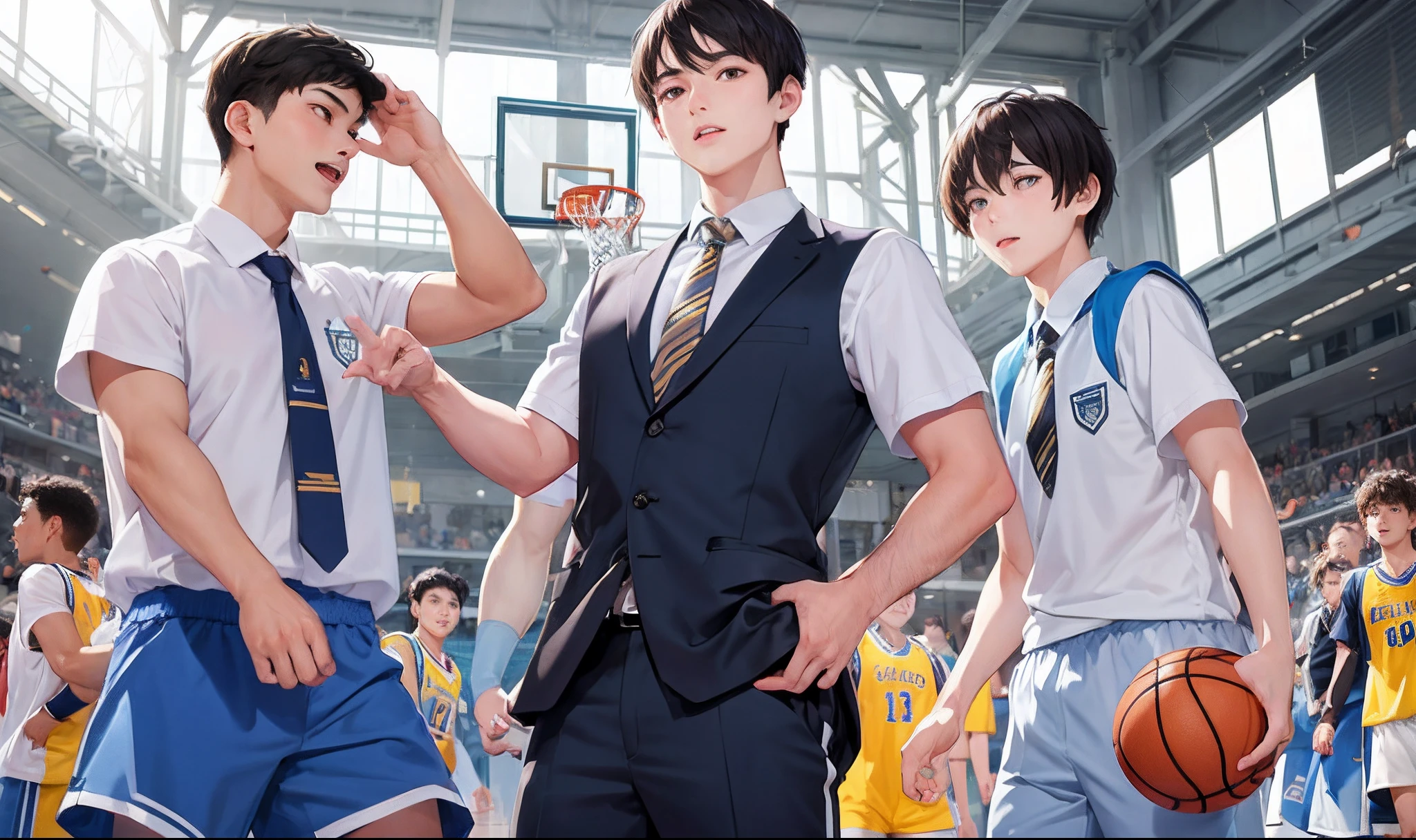 White short-sleeved school uniform，Male high school students，Playing the Basketball，rays of sunshine，Handsome，school ground，shorter pants