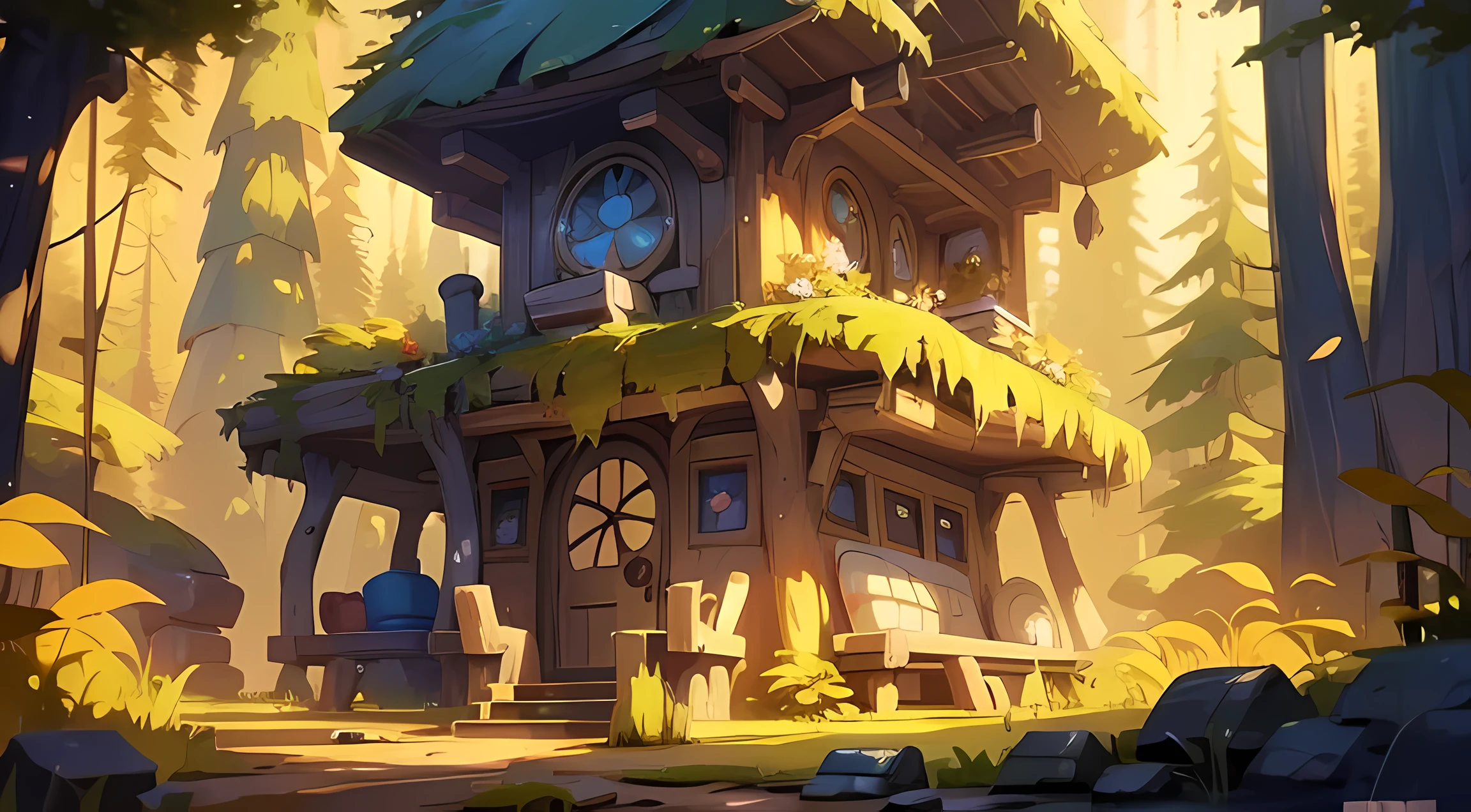 Masterpiece, Flat painting style, Disney style, Forest hut at sunset, late afternoon sun, Beautiful and spectacular scene, Film-quality pictures, film level light, Tyndall light effect, Ghibli-like colors, cubismo, Ray tracing, letterboxed, vanishing point, Wide shot, Super detail