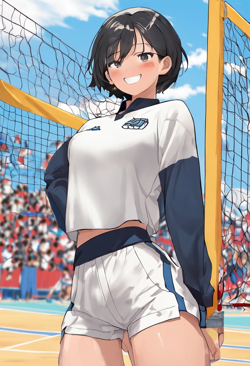 Playing Volleyball、((Yellow volleyball style))、Looking over here、Volleyball court background、Short hairstyle fluttering in the wind、Dark hair、Making facial wrinkles、Teardrops、Has bangs、Take a sexy pose、I can see the side、Face Zoom、Background of the shopping street、Mature mature young woman、Sareme、Large double teeth、Super cute、Nice perfect face with soft skin、8K分辨率、A hyper-realistic、ultra-detailliert、hightquality、((full bodyesbian))、(Keep your mouth shut)、((Be alone))、((dynamicposes))、(camel's toe)、(Sitting on legs bending the knees)、