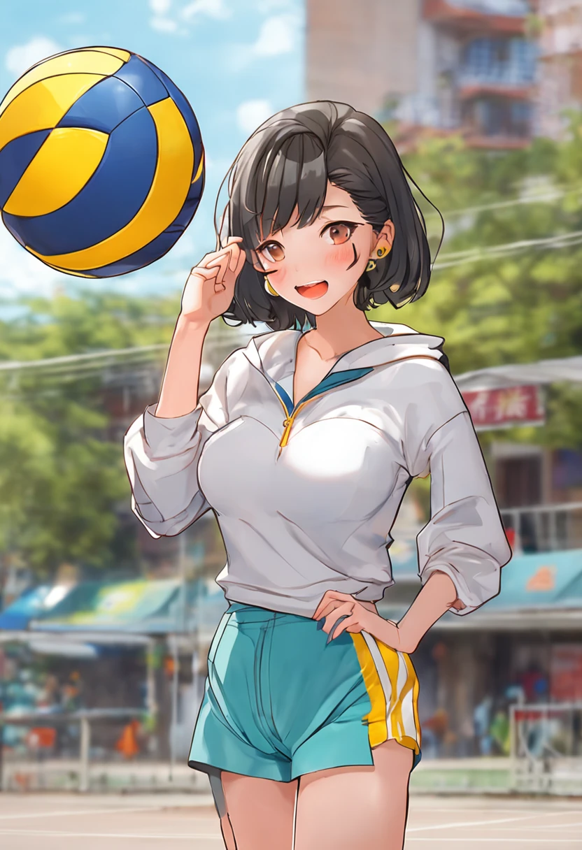 Playing Volleyball、((Yellow volleyball style))、Looking over here、Volleyball court background、Short hairstyle fluttering in the wind、Dark hair、Making facial wrinkles、Teardrops、Has bangs、Take a sexy pose、I can see the side、Face Zoom、Background of the shopping street、Mature mature young woman、Sareme、Large double teeth、Super cute、Nice perfect face with soft skin、8K分辨率、A hyper-realistic、ultra-detailliert、hightquality、((full bodyesbian))、(Keep your mouth shut)、((Be alone))、((dynamicposes))、(camel's toe)、(Sitting on legs bending the knees)、