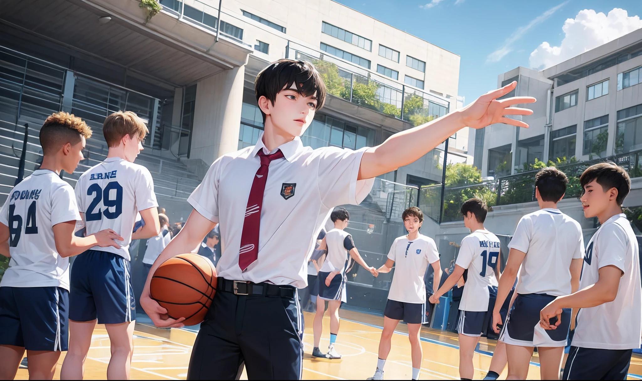 White short-sleeved school uniform,Male high school students,Playing the Basketball,rays of sunshine,Handsome,school ground,shorter pants