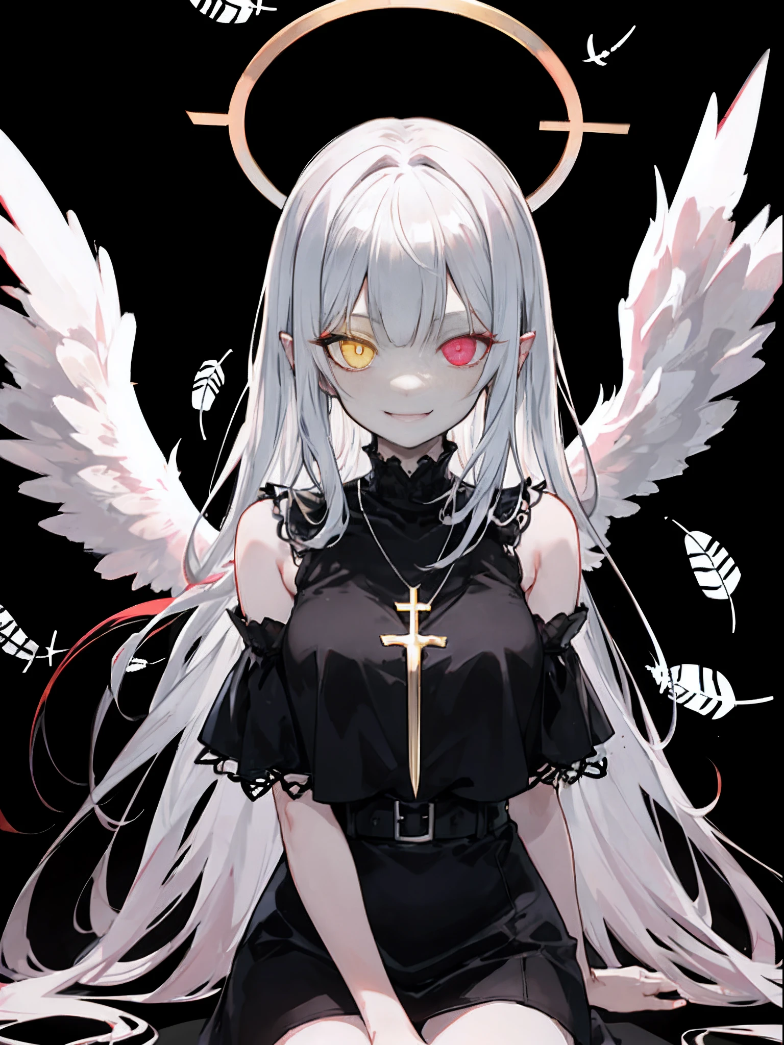 1girl in, (Scary), Angel, Gorgios, on the lap, (red halo), Dark, Glowing eyes, Heterochromia eye, Angel wings, glowing pendant, holy, Sensual milf, black tunic, Feathers, which are full of confidence, Smile, Expressive eyes, collofull eyes, Contrasty, shadowy, masutepiece, Digital Art, Glowing eyes, Intimidating, corrupted, Demonic