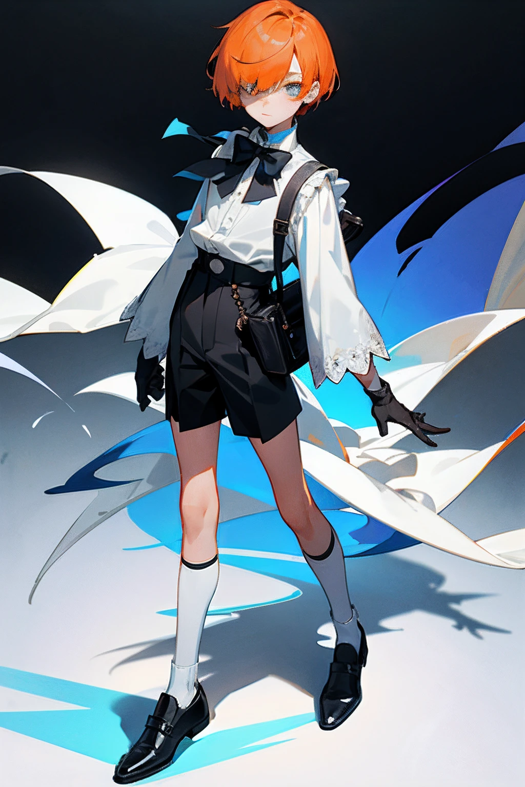 A teenager，orange short hair，blue color eyes，Bangs cover one eye，Wear a white shirt，The cuffs have long lace trims，blue bowtie，longer sleeves，Wearing black shorts，show legs，Wear white socks and leather shoes，wearing satchel，He wears black half-palm gloves on his hands，modern day，full bodyesbian