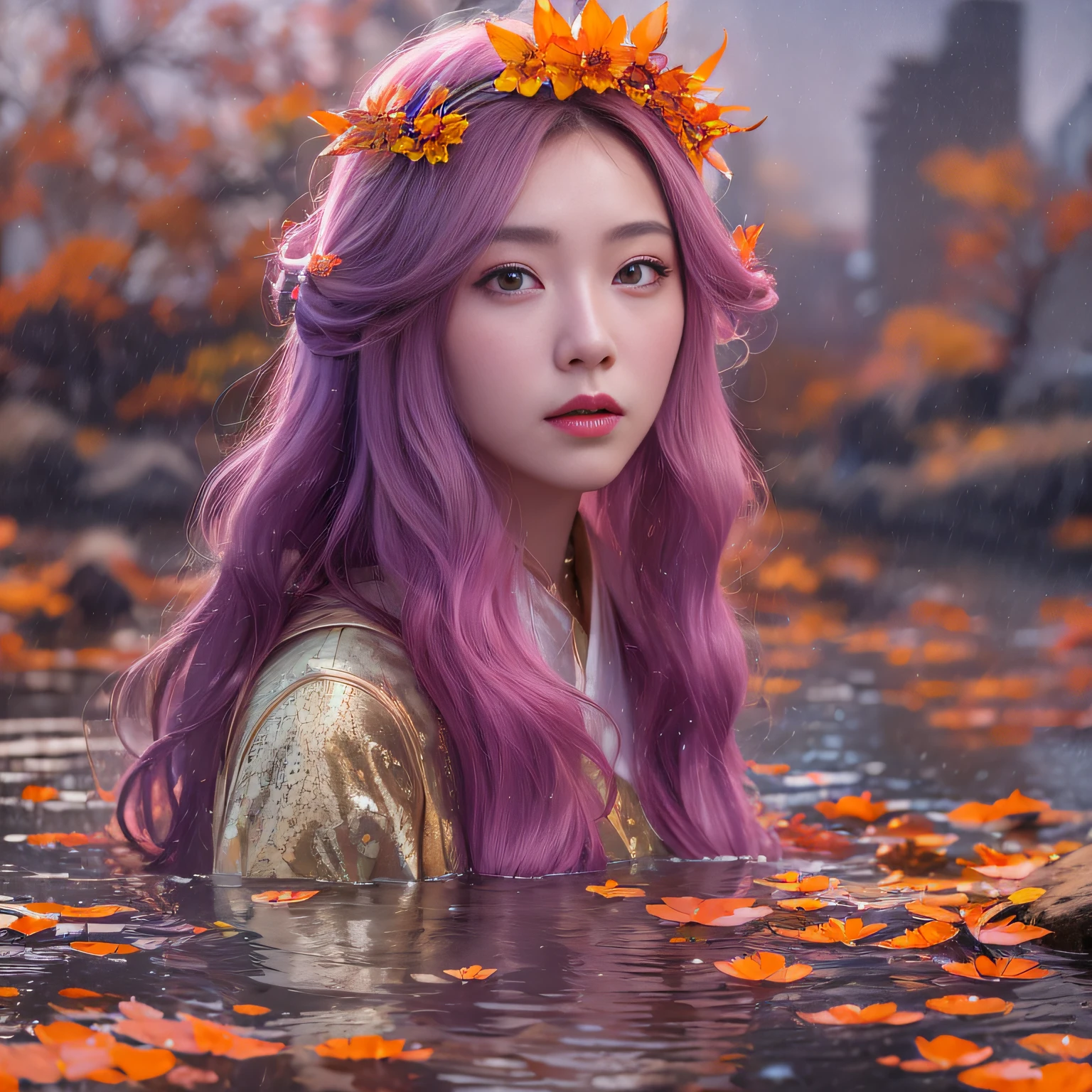 Exclusion Zone 32K（tmasterpiece，k hd，hyper HD，32K）Long flowing light orange hair，Autumn Pond，zydink， a color， Tongzhou people （Girl with glowing eyes）， （Thin silk scarf）， Side squat position， looking at the ground， long whitr hair， Floating hair， Python headdress， Chinese long-sleeved clothing， （abstract ink splash：1.2）， white backgrounid，Lotus protector（realisticlying：1.4），Purple-pink hair，Snowflakes fluttering，The background is pure， A high resolution， the detail， RAW photogr， Sharp Re， Nikon D850 Film Stock Photo by Jefferies Lee 4 Kodak Portra 400 Camera F1.6 shots, Rich colors, ultra-realistic vivid textures, Dramatic lighting, Unreal Engine Art Station Trend, cinestir 800，Long flowing light orange hair