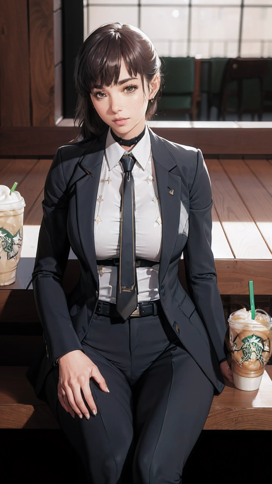 (((beautiful))), dolla, formal outfit, business suit, office working dress, huge breasts,(((shiny skin))), ((intricate details)), hdr, ((intricate details, hyperdetailed)), cinematic shot, (((sitting in cafe, enjoying starbucks))), vignette, art by alphonso mucha