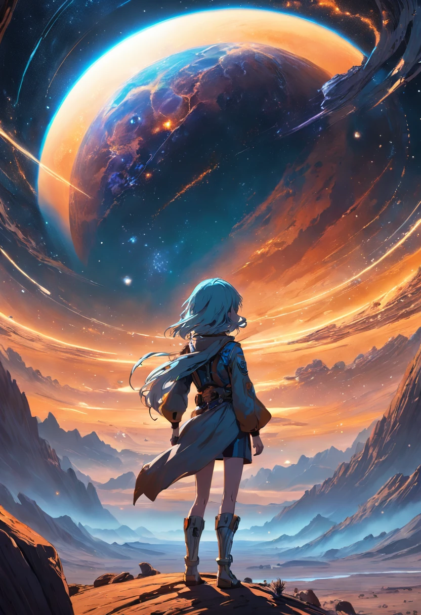 An incredible detailed portrait of a vast alien landscape with a space cowboy stargazing, 8k, extreme detail, photorealistic, dirt particles, cinematic lighting, cinematic shot, expertly drawn, masterpiece, rings in the sky