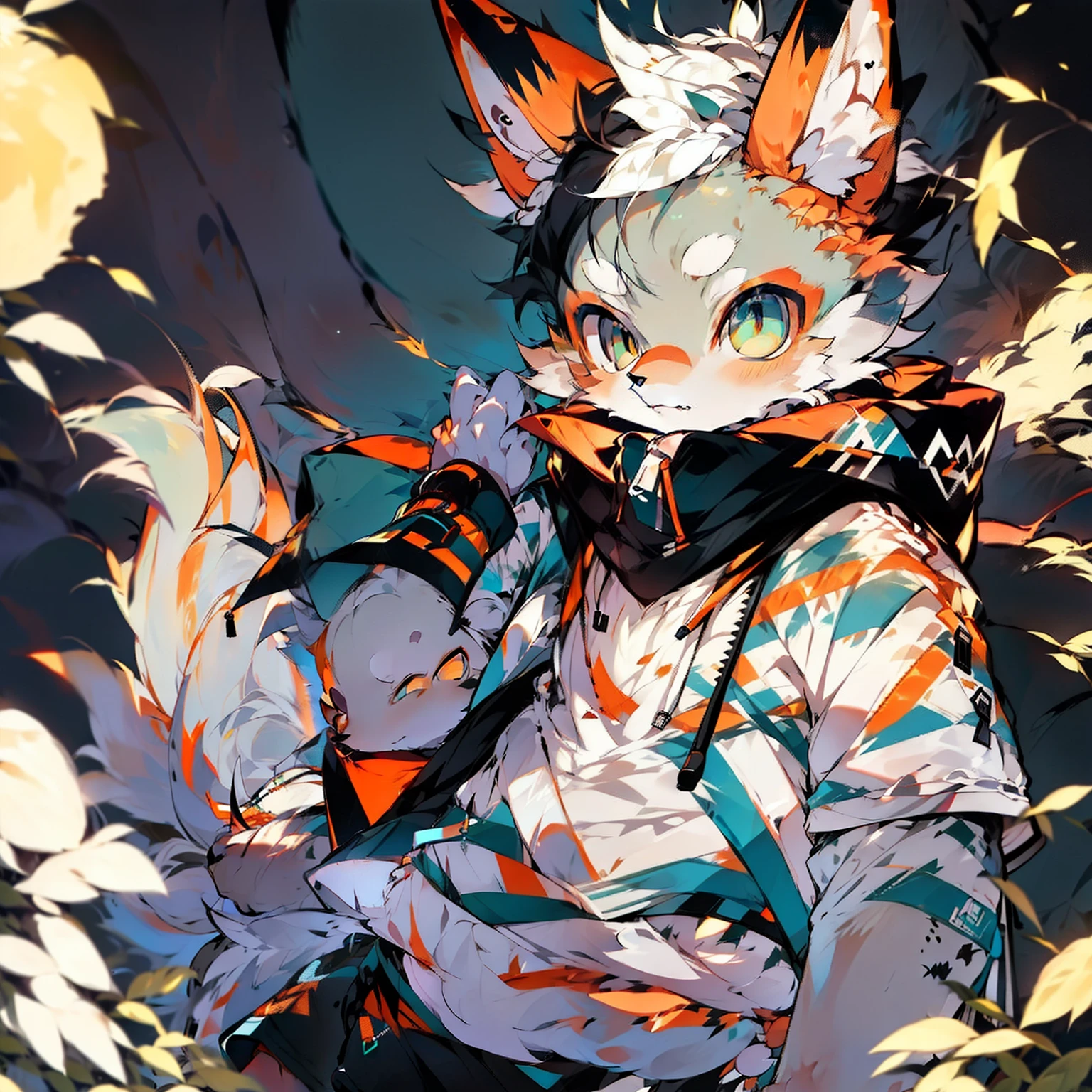 Shota,Furry,Cute,Lovely,Orange fur,White ears,Blue seductive eyes,Green hoodie,Gray shorts,warm lights,Daytime,naked,small, jetting