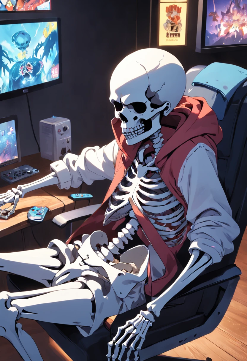 Skeleton in hoodie sitting on chair playing video game、Anime Cartoons、Holding a controller in your hand、Legs resting on the desk、