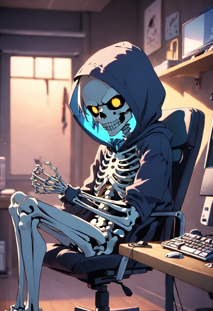 Skeleton in hoodie sitting on chair playing video game、Anime Cartoons、Holding a controller in your hand、Legs resting on the desk、frontage