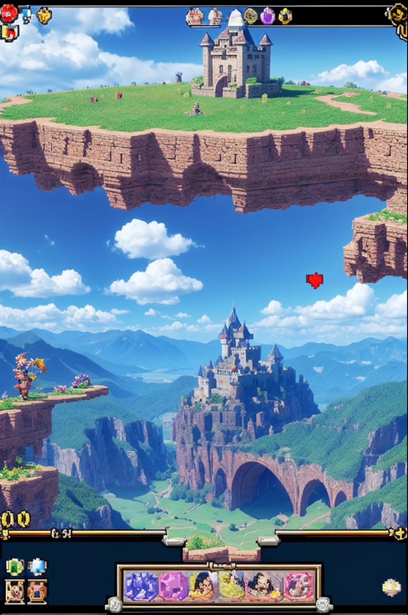 pixel game《dragon quest》,Game character design,(cavalier:1.4),European castle,Thick clouds,surrounded by cloud,16-bit pixel art