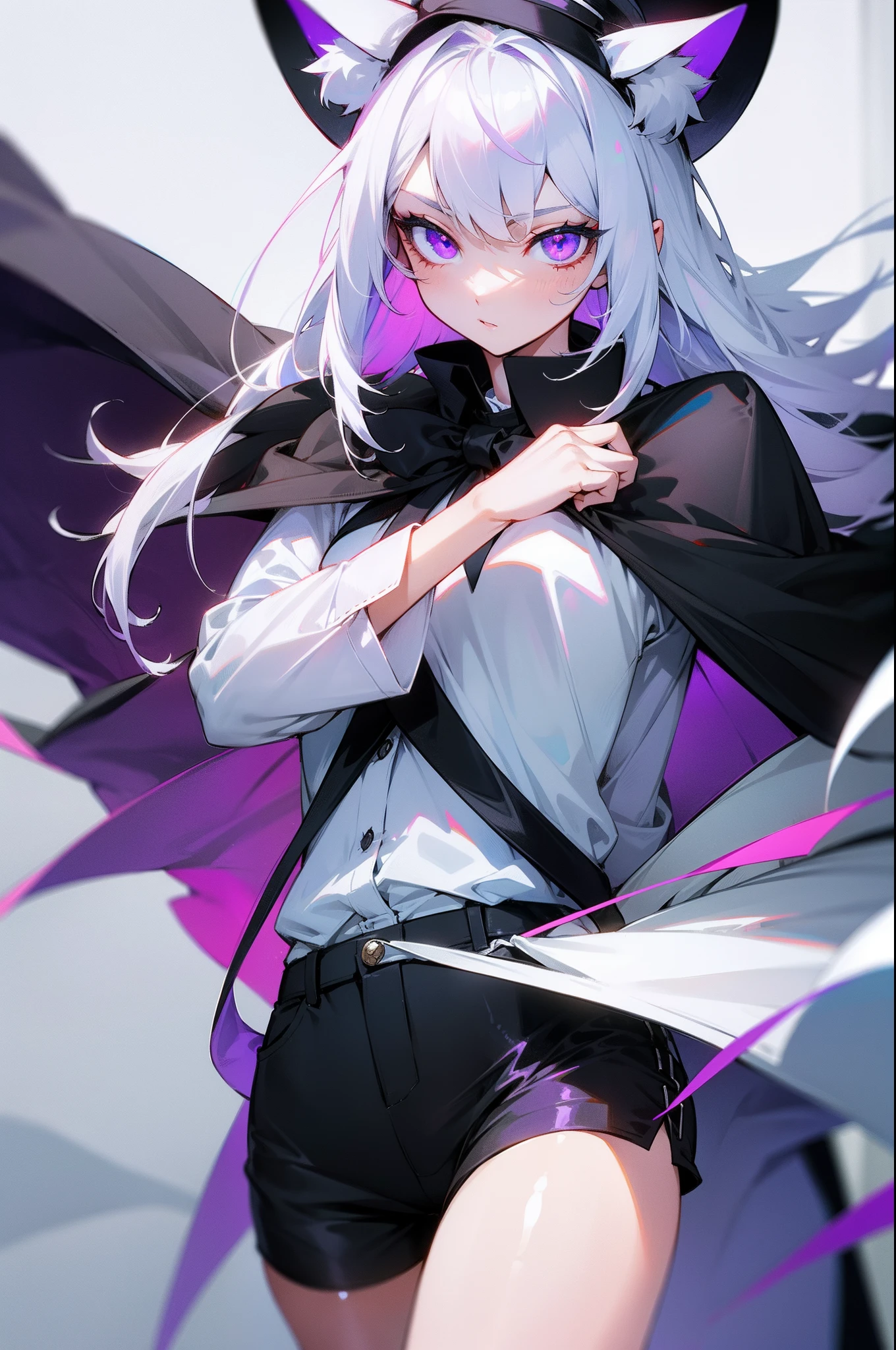 Cat-eared girl with white hair and purple eyes in a black hat,Wear a white shirt and black shorts,Wearing a black cape