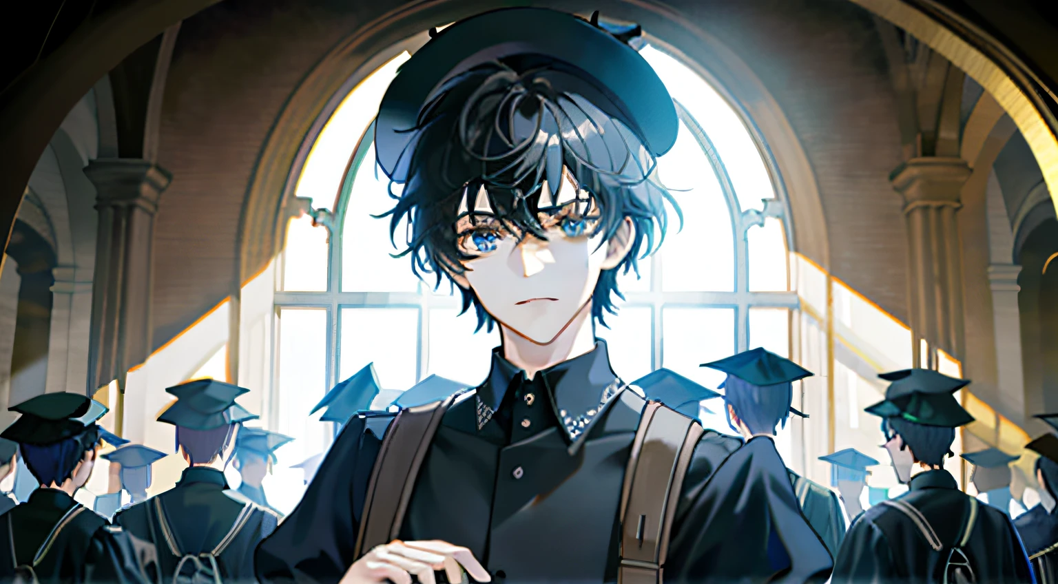 A young man wearing short black sleeves and a black hat,Stand on a college campus,Upper body display lens,A group of spectators stood around watching the camera,A very melancholy expression appeared on his face,Holding a school bag in his hand,Daytime scene,ellegance,The is very detailed