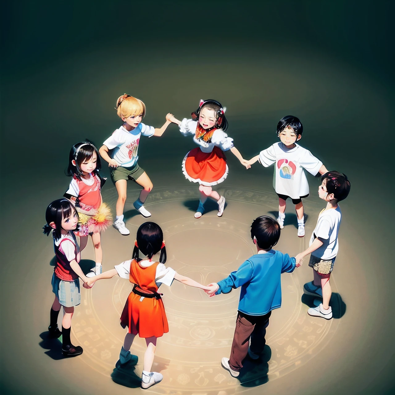 There are many children standing in a circle holding hands, Round dance、In a circle、Dancers々、Dancing to each other, Dancing, official illustrations, dancing character, folklore、Dancers々、Dance Scene