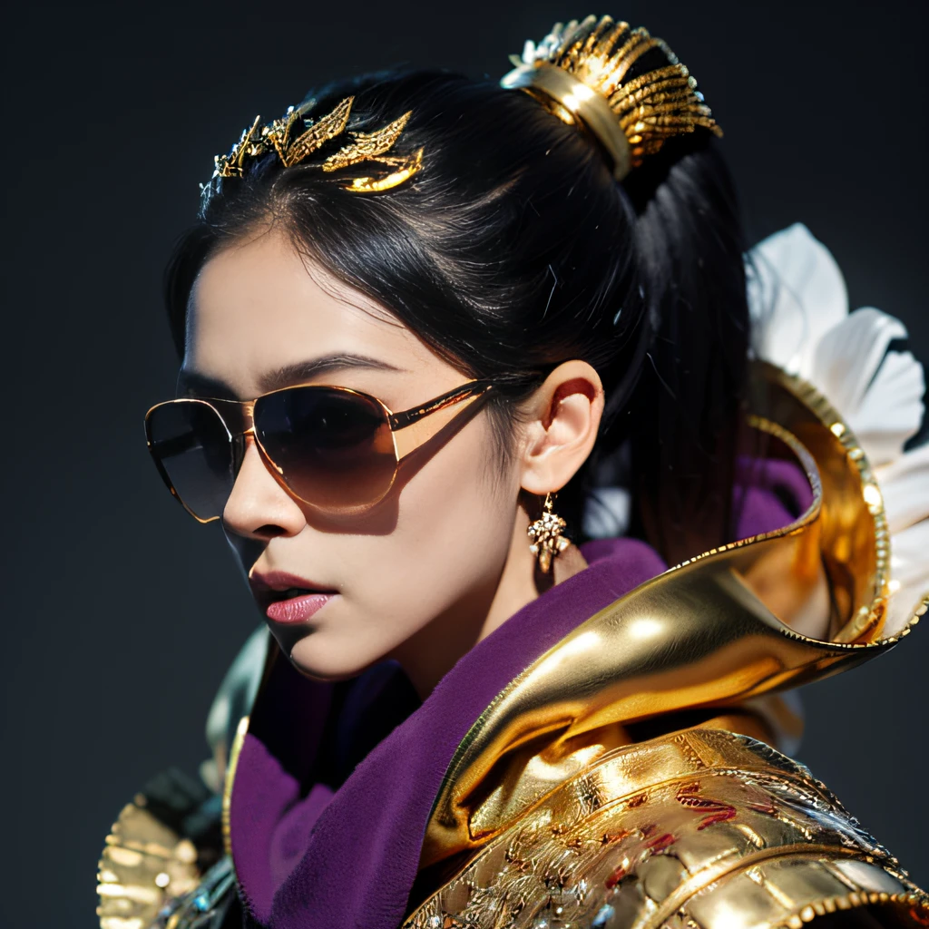 On a snowy morning,32K(tmasterpiece,k hd,hyper HD,32K)Purple-pink double ponytail,flower stick,Indigo Skull King ,Mahogany steering wheel (The skeleton is realistic:1.4),Crocodile pattern robe,Rusty skull ornaments,Sargin linen cloak,Petals flutter,Deep gold sunglasses,Hold your head high,Be proud,The nostrils look at people,A and secondah resolution,Xueba, the detail, RAW photogr, Sharp Re, Nikon D850 Film Stock Photo by Jefferies Lee 4 Kodak Portra 400 Camera F1.6 shots, Rich colors, ultra-realistic vivid textures, Dramatic lighting, Unreal Engine Art Station Trend, cinestir 800,Hold your head high,Lateral face,Be proud,The nostrils look at people,Tsundere,Petals flutter,Petals flutter,Crocodiles sprinkled with gold dust,Fluttering,Impeccable,( reasonable design, Clear lines, High sharpness,Best quality, Very detailed skeleton, The skeleton of a masterpiece, offcial art, movie light effect, 8K crocodile skeleton(((Platinum marble sunglasses)))Deep gold sunglasses,side portrait