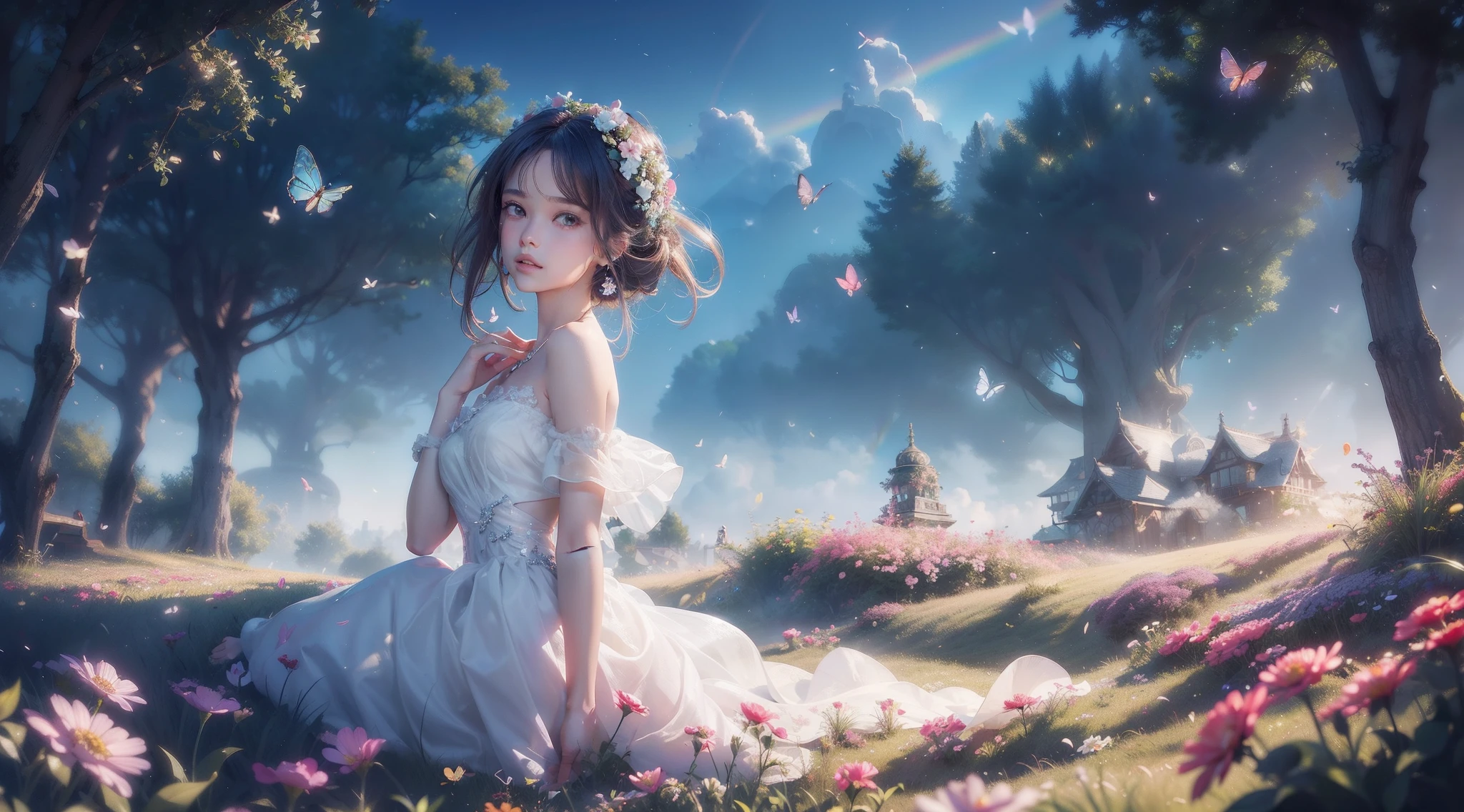 A woman in a white dress sitting on a hill with flowers - SeaArt AI