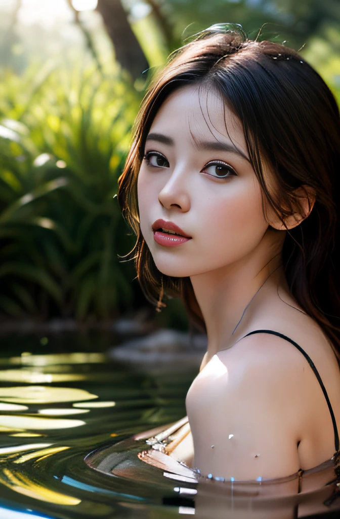 (Natural Sunshine, Top Quality, 8K, Masterpiece: 1.3), Big, One Girl, Wet Hair, Wet Skin, Wet Body, Micro Bikini, Swimsuit, Highly Detailed Face and Skin, Detailed Eyes, Highly Detailed Face and Skin, Realistic Sunlight, Realistic Shadows, Wearing Pendant, Slim Body, Constricted Waist, Eye Makeup, Highly Detailed Lips,