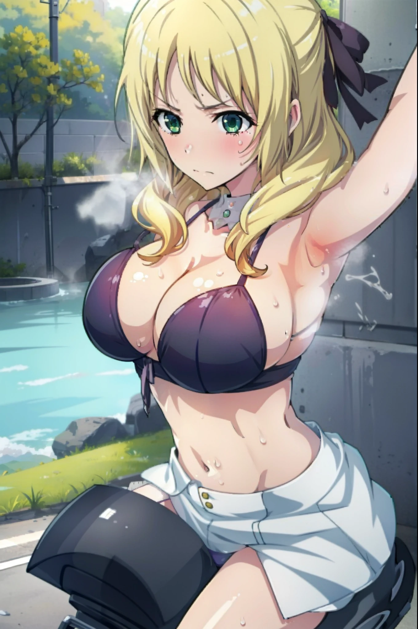 riding machine, 1girl, solo, breasts, sweat, tears, steaming body, wince,bikini,outdoors,blonde,green eyes