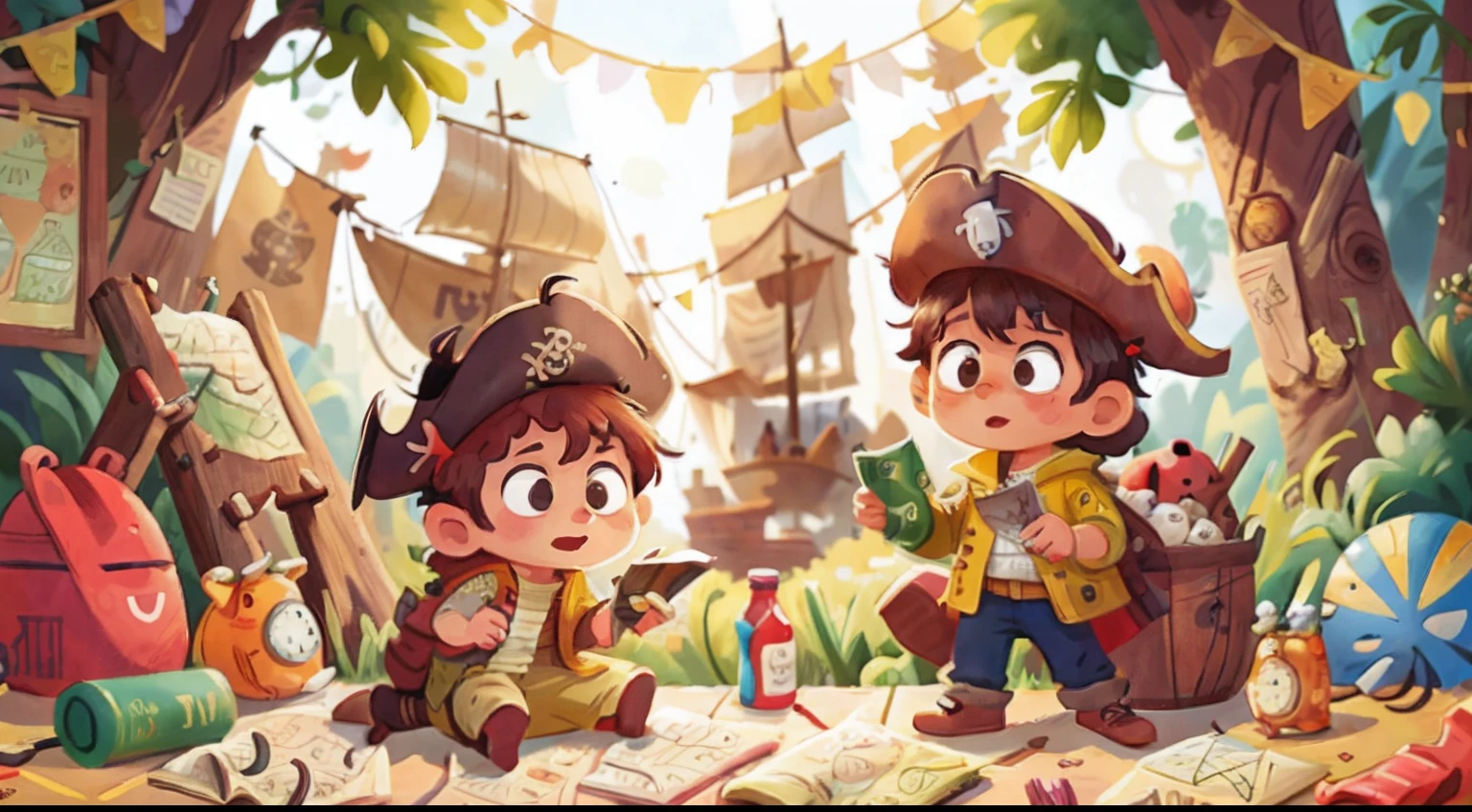 Image of a piratinha finding a bottle with a map inside a 6-year-old child image in drawing