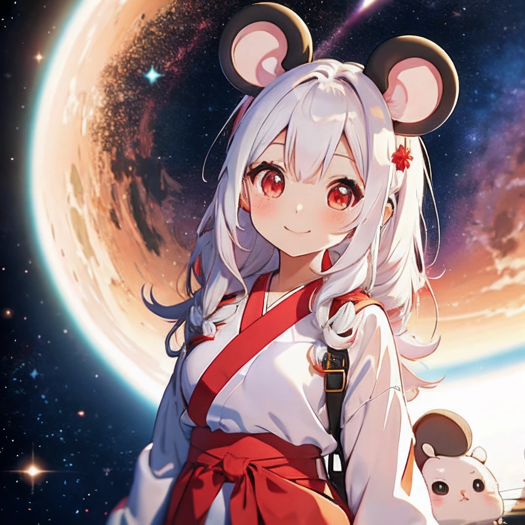 Anime girl with white hair, girl with１a person、（personification）、straight haired、（Twin-tailed）Twin-tailed、Red hair ornament、Anime girl with round ears of a mouse, Anime visuals of cute girls, （Wearing a red kimono）（large ears that are round and white,,）、（I have a pet rat next to me）、portlate、（Outer space background）Outer space background、（A big smile）