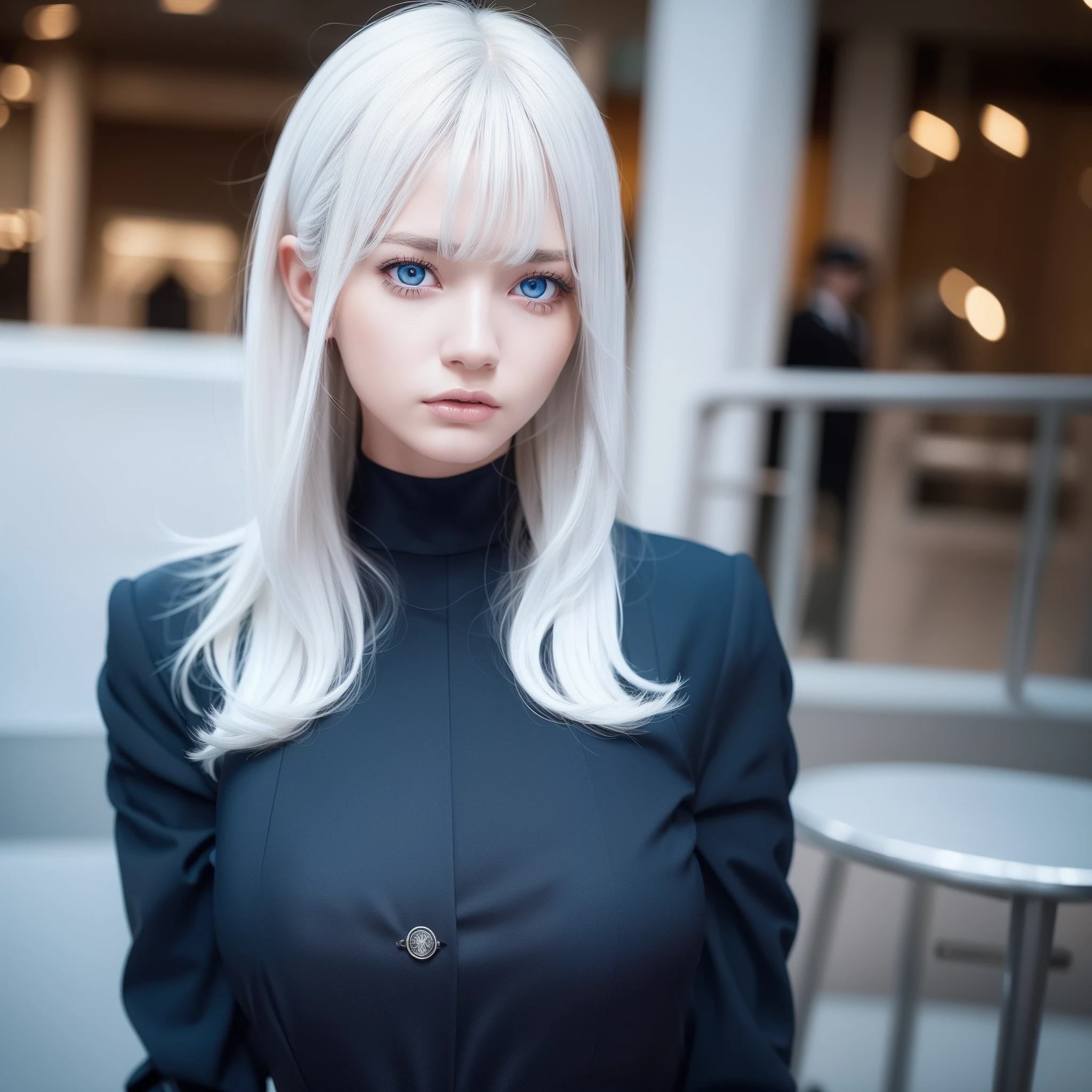 White hair, big breast , slim waist, Long hair, Blue eyes, (detailed eyes), black female suit, serious expression, perfect body, ((highest quality)) , (realistic) , 8k, UHD, HD, ((1 girl)), wearing round sunglasses, Looking at the viewer, standing , perfect face