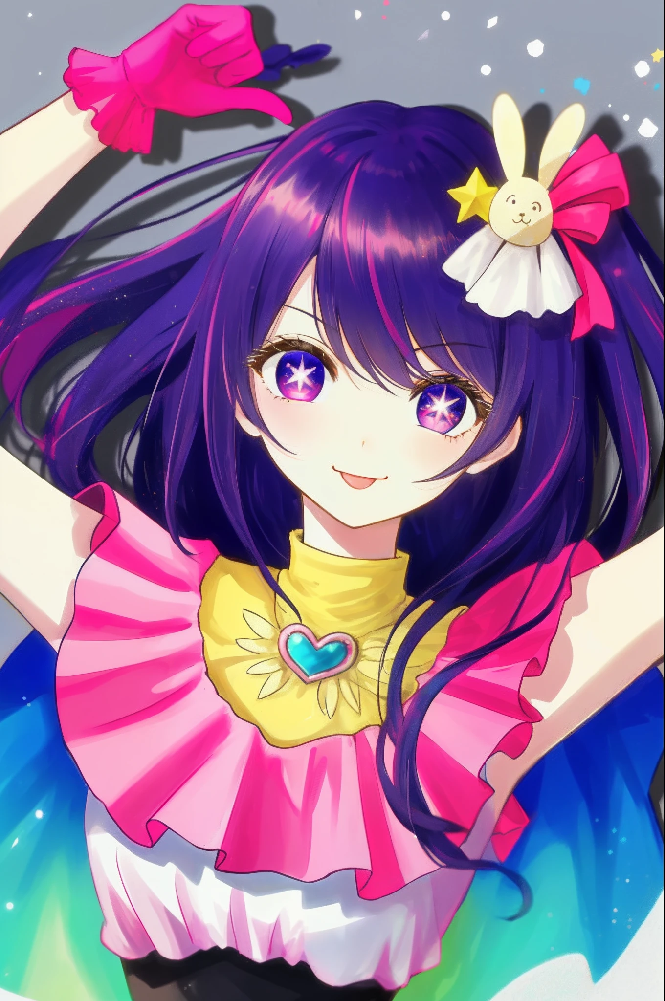 1girl, full body, illustration, (masterpiece), (best quality), (ultra_detailed), finely detail, (Depth of field), HshinoAi,gloves, tongue out, tongue, long hair, star \(symbol\), looking at viewer, (purple hair:1.2), purple eyes, upper body, hair ornament, :p, frills, pink shirt, smile, sleeveless, shirt, idol, symbol-shaped pupils, hands up, bangs, one side up, star-shaped pupils, arms up, dress pull, Roaring Twenties, isometric, from above, sky, flower, cliff,