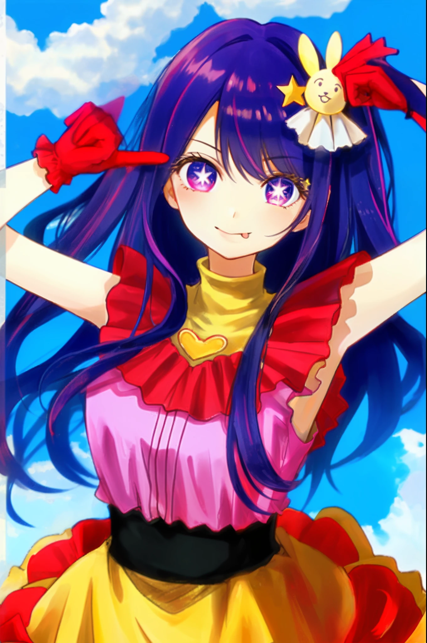 1girl, full body, illustration, (masterpiece), (best quality), (ultra_detailed), finely detail, (Depth of field), HshinoAi,gloves, tongue out, tongue, long hair, star \(symbol\), looking at viewer, (purple hair:1.2), purple eyes, upper body, hair ornament, :p, frills, pink shirt, smile, sleeveless, shirt, idol, symbol-shaped pupils, hands up, bangs, one side up, star-shaped pupils, arms up, dress pull, Roaring Twenties, isometric, from above, sky, flower, cliff,