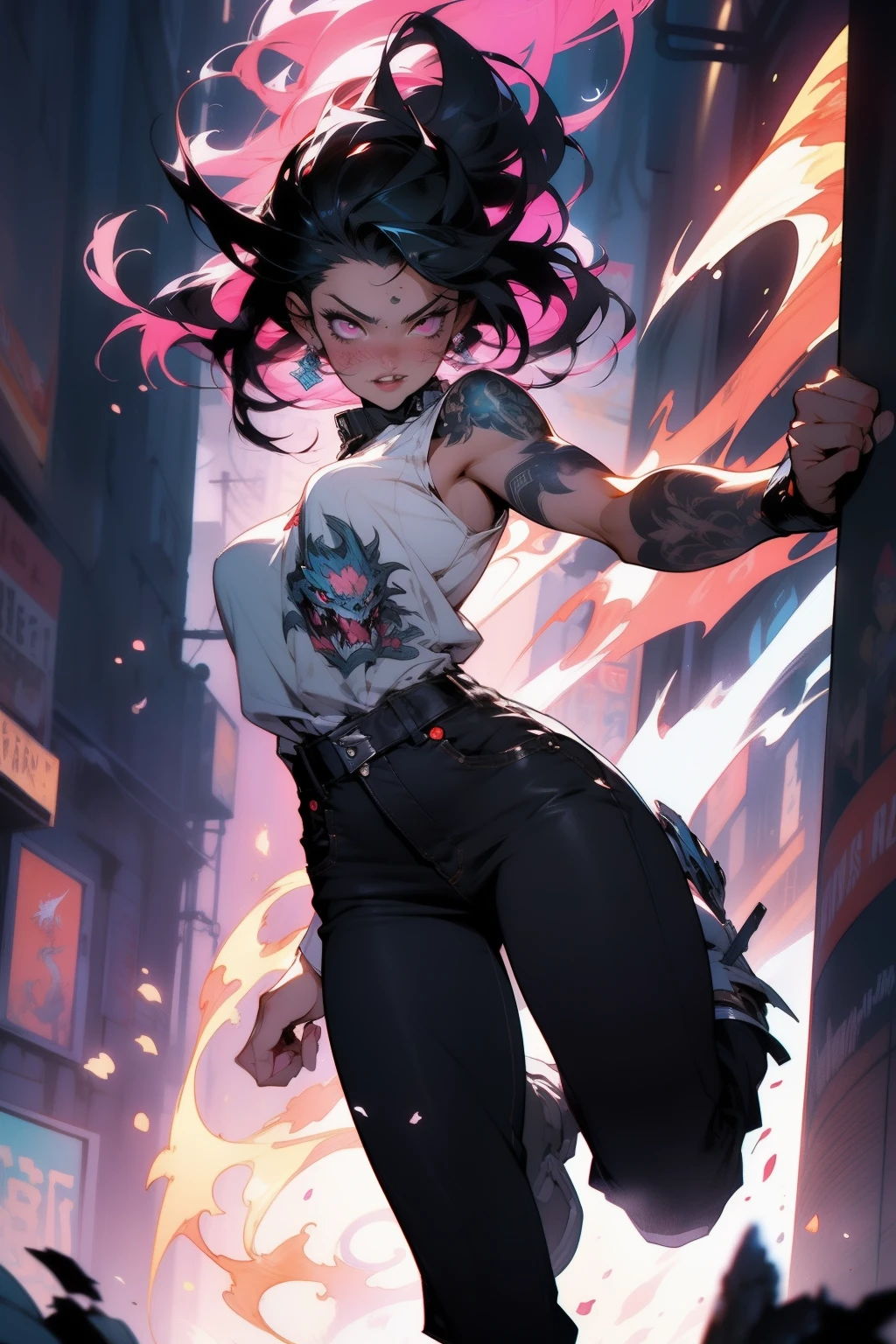 :: Comix style by Joe Madureira :: beautiful, perfect and detailed, ultra detailed shirt with tribal tattoo design, with dragon print on the sides of the dress, in various full-body attack poses and with immersive effects, hover effect, graphite style background with vibrant colors "Ultra HDR" detailed and with focus effect, (masterpiece: 1.2, best quality), (Beautiful eyes finely detailed: 1.2), ((Beautiful Woman )),hair long, straight and white, with a natural shine ((Solo)), (Pink eyes:1.4), (Finely detailed eyes and detailed face:1.3),), (With ultra detailed jeans and a white shirt with ultra detailed tribal tatoom print throughout:1.3), (Beautiful and clear background:1.2), (Extremely detailed CG, Ultra-detailed, Best Shadow:1.1), ("" character demonstrating his super power in the fist"") ((Depth of field and blur)), ((Watercolor)), Large breasts, Bare shoulders, Flowers and petals, Beautiful conceptual illustration , (white background:0.5), (Illustration :1.1), (extremely thin and beautiful: 1.1), (perfect details: 1.1) graffiti style background, freedom, soul, digital illustration, perfect anatomy, centered, approaching perfection, dynamic, highly detailed, watercolor painting, artstation, concept art, smooth, sharp focus, illustration, art by flesh Griffiths and Wadim Kashin, heterochromia, perfect anatomy, centered, approaching perfection, dynamic, highly detailed, character sheet, artstation, concept art, smooth, sharp focus, illustration, art by Kim Jung Gi,, Artgerm, Carne Griffiths and Wadim Kashin, Sasha Yakovleva, Loish, Jeremy Mann, Full Body Shot, Character Sheet, Lightning Wave, Beautiful Anime Watercolor Painting, Paint Dripping by Tim Okamura, Victor Nizovtsev, Greg Rutkowski, Noah Bradley. Trend in Artstation, 8K, masterpiece, graffiti paint, fine detail, full of color, intricate detail, golden proportion illustration, (Background with dragon mecha extremely