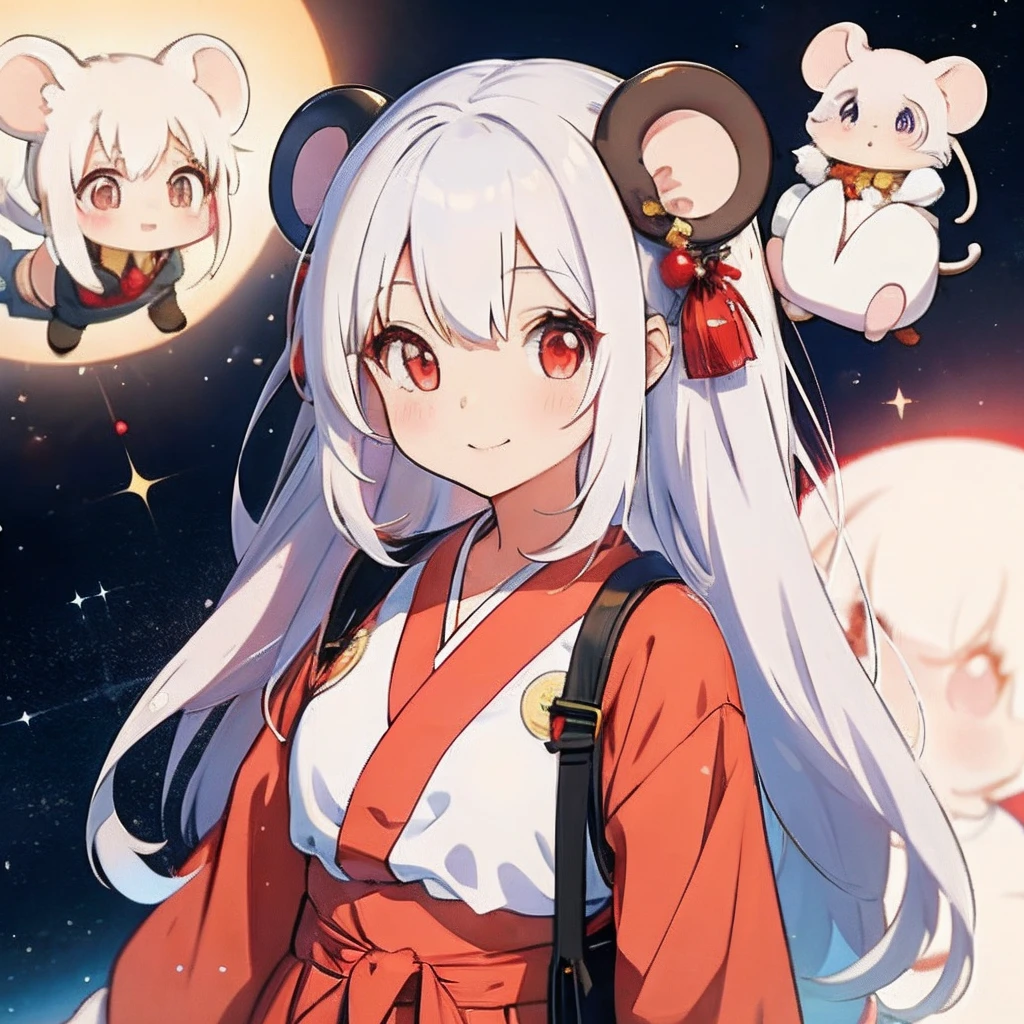 Anime girl with white hair, girl with1a person、(personification)、straight haired、(Twin-tailed)Twin-tailed、Red hair ornament、Anime girl with round ears of a mouse, Anime visuals of cute girls, (Wearing a red kimono)(large ears that are round and white,,)、(I have a pet rat next to me)、portlate、(Outer space background)Outer space background、(A big smile)