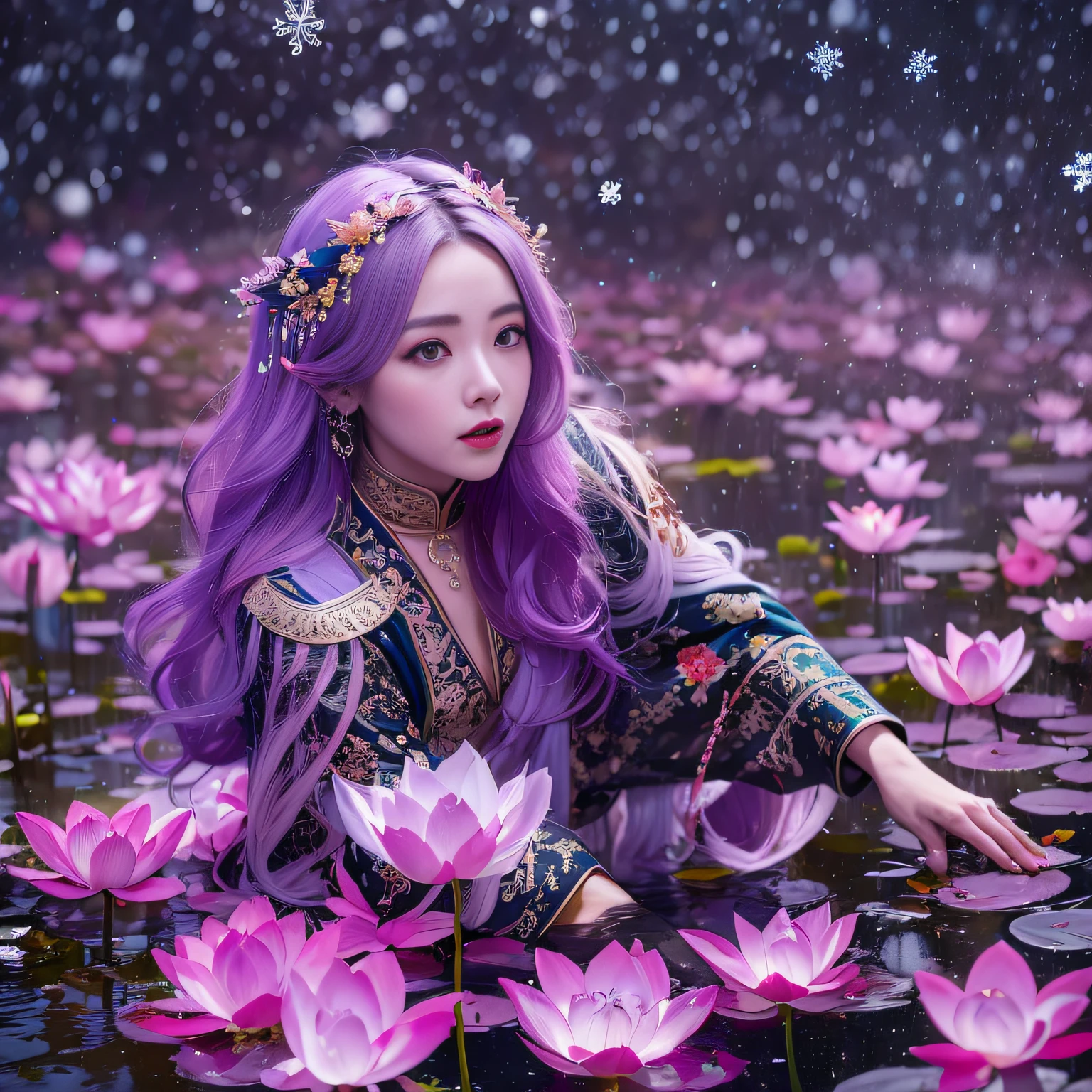 Snow hoop exclusion area 32K(tmasterpiece,k hd,hyper HD,32K)Long flowing purple-pink hair,Autumn Pond,zydink, a color, Tongzhou people (Girl with glowing eyes), (Thin silk scarf), Side squat position, looking at the ground, long whitr hair, Floating hair, Python headdress, Chinese long-sleeved clothing, (abstract ink splash:1.2), white backgrounid,Lotus protector(realisticlying:1.4),Purple-pink hair,Snowflakes fluttering,The background is pure, A high resolution, the detail, RAW photogr, Sharp Re, Nikon D850 Film Stock Photo by Jefferies Lee 4 Kodak Portra 400 Camera F1.6 shots, Rich colors, ultra-realistic vivid textures, Dramatic lighting, Unreal Engine Art Station Trend, cinestir 800,Long flowing purple-pink hair