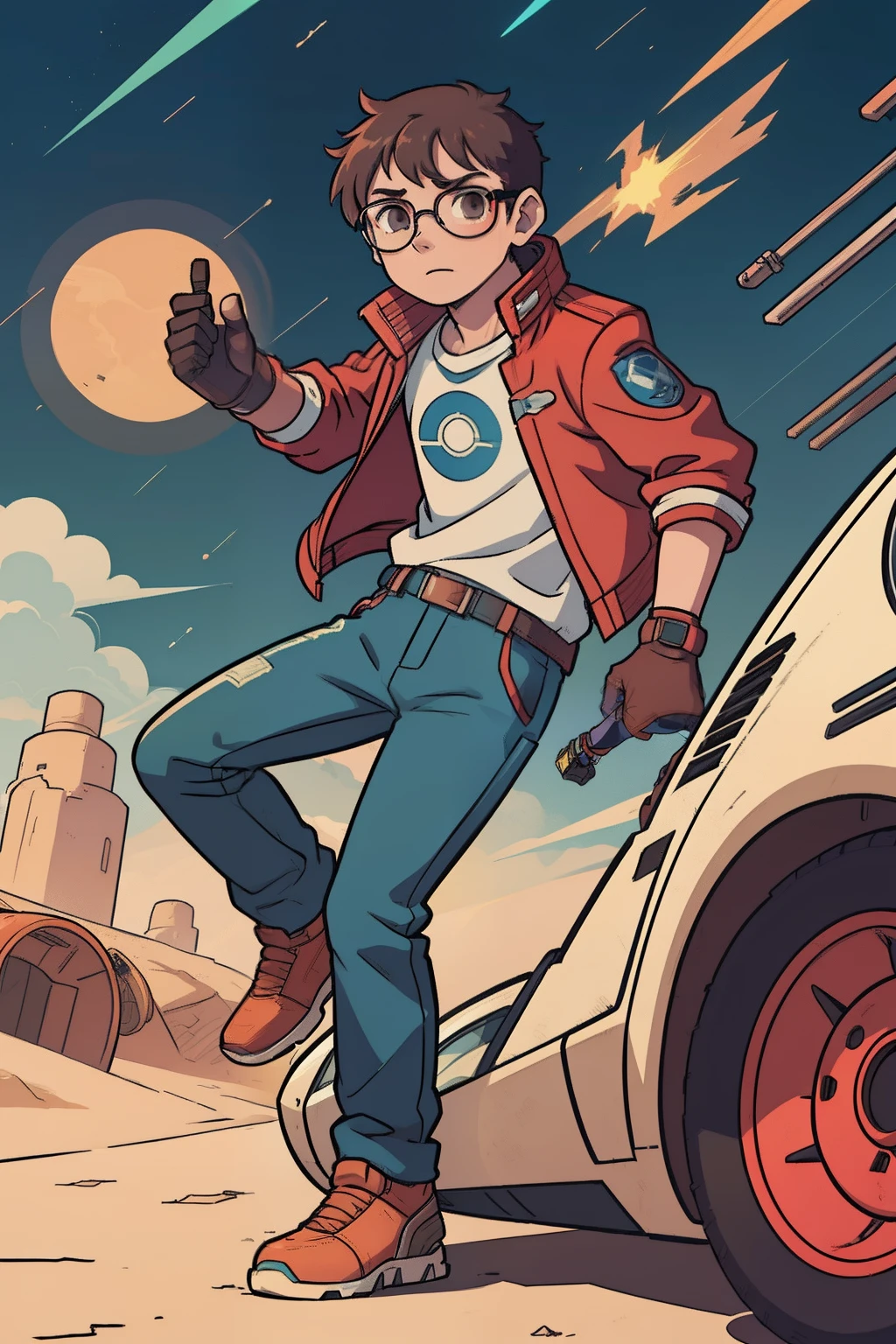 A 17-year-old boy in a red science fiction jacket and blue pants, wearing mechanic's brown leather gloves, camisa branca, with a symbol on the chest with circle and an arch with spikes around it, brown messy hair, and aviator glasses on Digimon's Tai's head,  single character full body, arte oficial do personagem, full body character concept, personagem estilo anime, full portrait of a short film Running away a science fiction, in a desert full of parts and assault machines on a flying Cyberpunk hoverboard, dynamic pose!