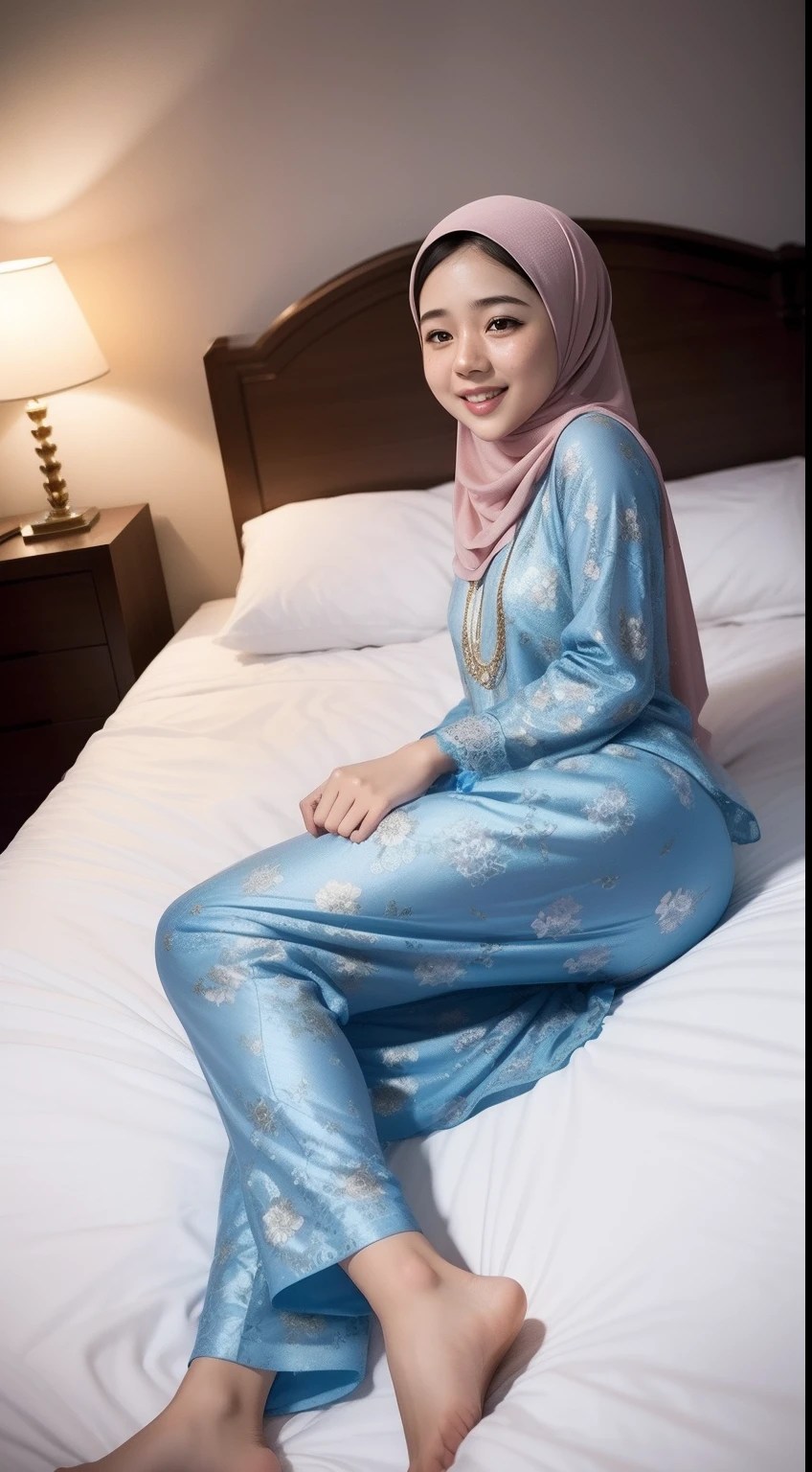 malay girl with hijab wearing oversize blue floral lace pyjamas lying on bed from top view, laughing, bedroom, messy bedroom, modern white color bedroom, white bed, nighttime, (mira filzah:1.3), wearing hijab,gold necklace, detailed skin, detail skin texture, skin wrinkles, realistic skin, freckles skin, matured skin, small tits, small breast, flat chest, wide waist, thick thighs bright lighting, big round ass, matured face, lying on bed, full body shot