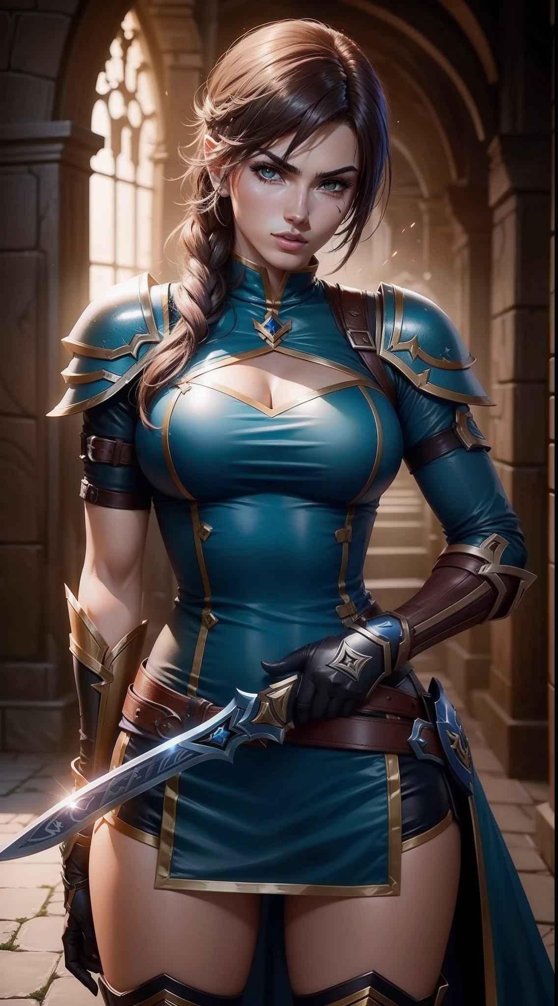 a beautiful female elf warrior, fierce battle, intricate armor, detailed facial features, piercing gaze, long flowing hair, dual swords, magical energy, dramatic lighting, epic fantasy scene, cinematic composition, rich colors, highly detailed, masterpiece, 8k, photorealistic