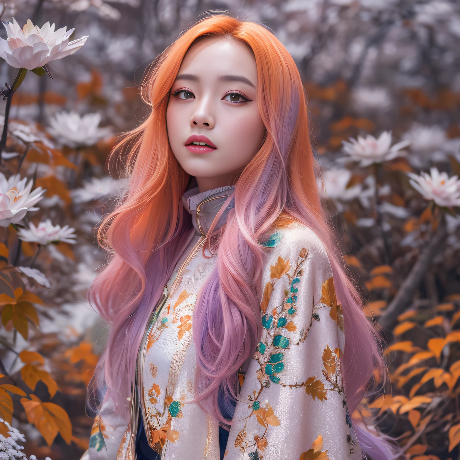 Exclusion Zone 32K(tmasterpiece,k hd,hyper HD,32K)Long flowing light orange hair,Autumn Pond,zydink, a color, Tongzhou people (Girl with glowing eyes), (Thin silk scarf), Side squat position, looking at the ground, long whitr hair, Floating hair, Python headdress, Chinese long-sleeved clothing, (abstract ink splash:1.2), white backgrounid,Lotus protector(realisticlying:1.4),Purple-pink hair,Snowflakes fluttering,The background is pure, A high resolution, the detail, RAW photogr, Sharp Re, Nikon D850 Film Stock Photo by Jefferies Lee 4 Kodak Portra 400 Camera F1.6 shots, Rich colors, ultra-realistic vivid textures, Dramatic lighting, Unreal Engine Art Station Trend, cinestir 800,Long flowing light orange hair