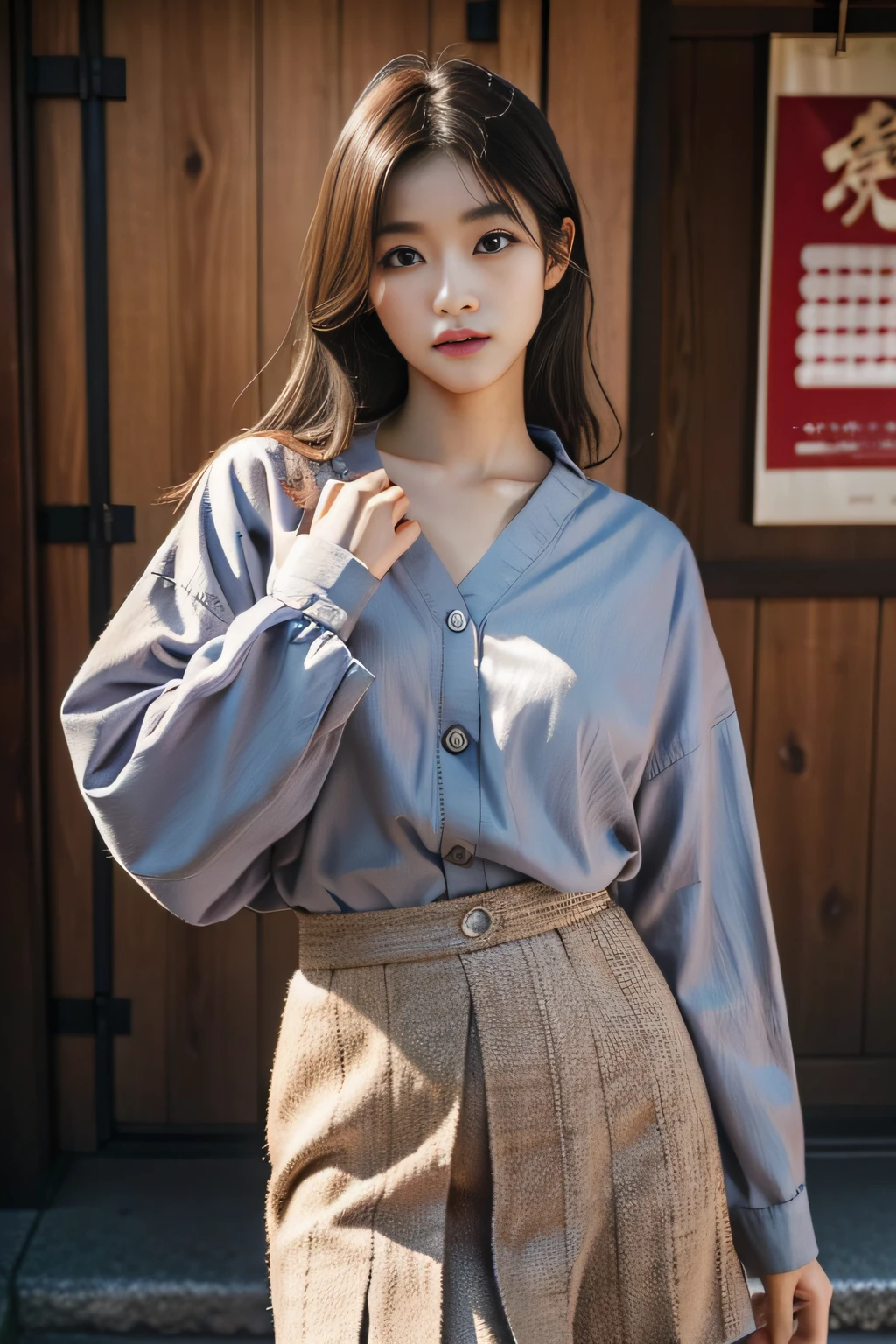 High quality、masutepiece、超A high resolution、(Photorealistic:1.4)、Akita Bijin、Fair skin、japanes、colourful clothes、skirt by the、doress、pumps、(Thin eyebrows:0.2)、(thin lipss:0.8)、(small nose:0.8)、Appearance without makeup、walk、cowboy shot、(the perfect body:1.2)、(small nipple:0.7)、Akita City、By Michelangelo、ulzzang -6500-v1.1