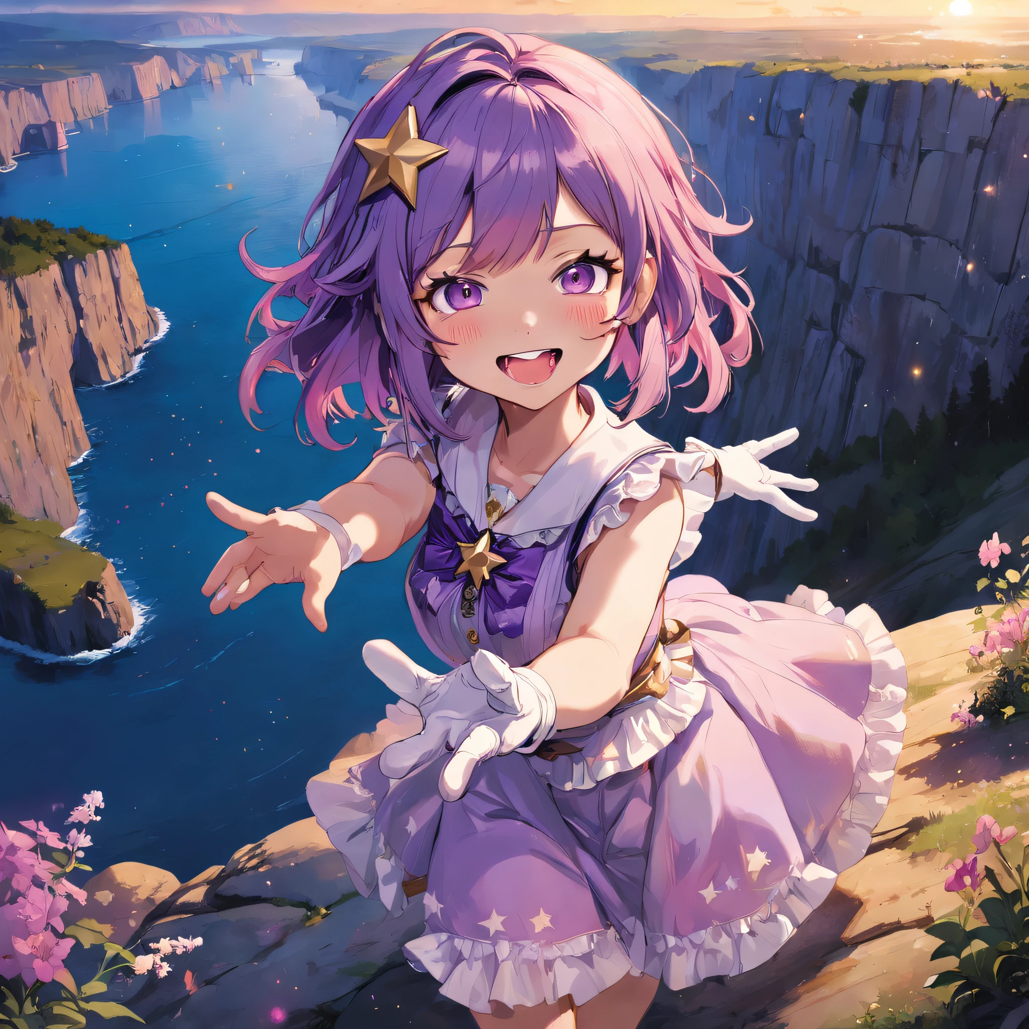 1girl, full body, cowboy shot,
(Rembrandt), illustration, (masterpiece), (best quality), (ultra_detailed), finely detail, (Depth of field),
HshinoAi,gloves, tongue out, tongue, long hair, star \(symbol\), looking at viewer, (purple hair:1.2), purple eyes, upper body, hair ornament, :p, frills, pink shirt, smile, sleeveless, shirt, idol, symbol-shaped pupils, hands up, bangs, one side up, star-shaped pupils, arms up,
dress pull,
Roaring Twenties, isometric, from above, sky, flower, cliff,