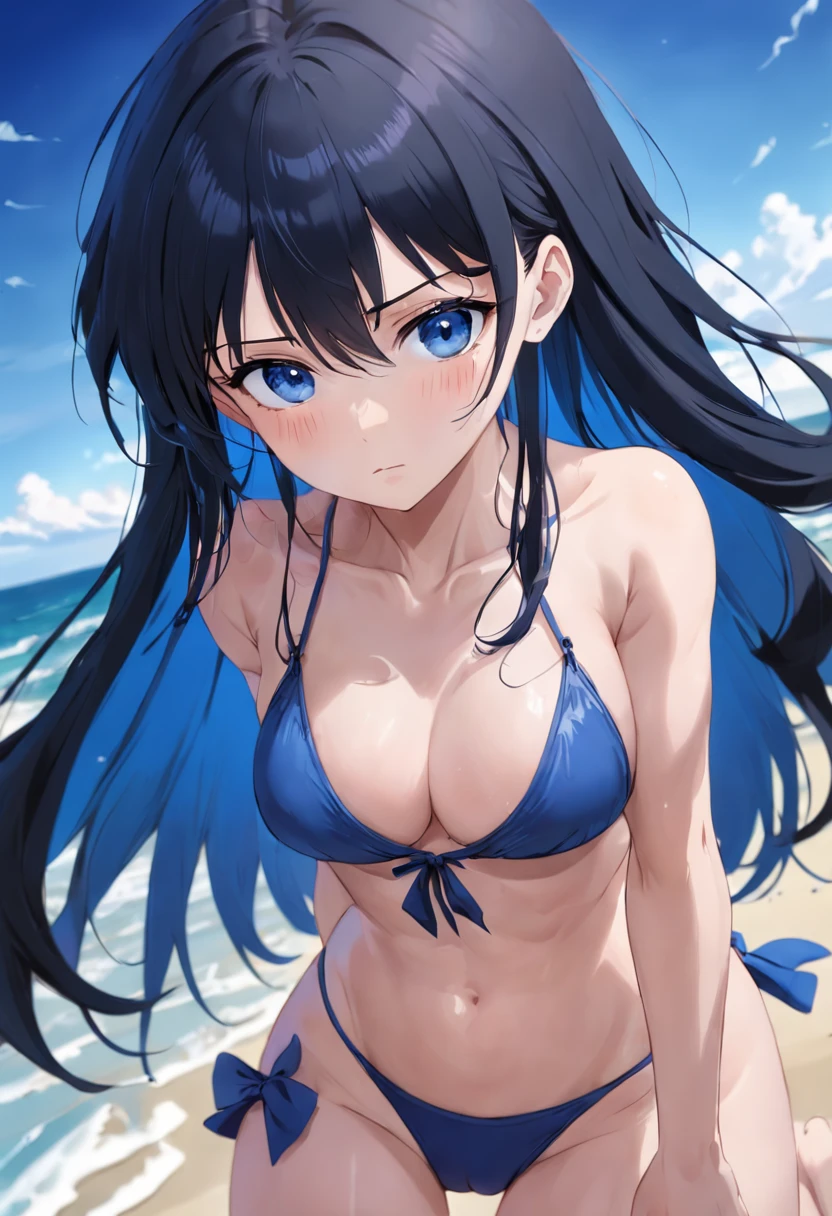 (SFW), (Clean, (Masterpiece), best quality, professional, highly detailed, HDR,UHD,16K), 1young woman, solo, (mature and sexy:1.3), perfect body, big breasts, long black hair, straight hair, bangs, expressive eyes, (dark blue eyes:1.5), perfect face, (Blue bikini:1.3), Beach, (People:1.3)