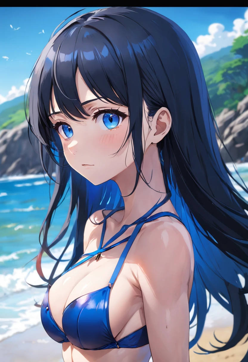 (SFW), (Clean, (Masterpiece), best quality, professional, highly detailed, HDR,UHD,16K), 1young woman, solo, (mature and sexy:1.3), perfect body, big breasts, long black hair, straight hair, bangs, expressive eyes, (dark blue eyes:1.5), perfect face, (Blue bikini:1.3), Beach, (People:1.3)