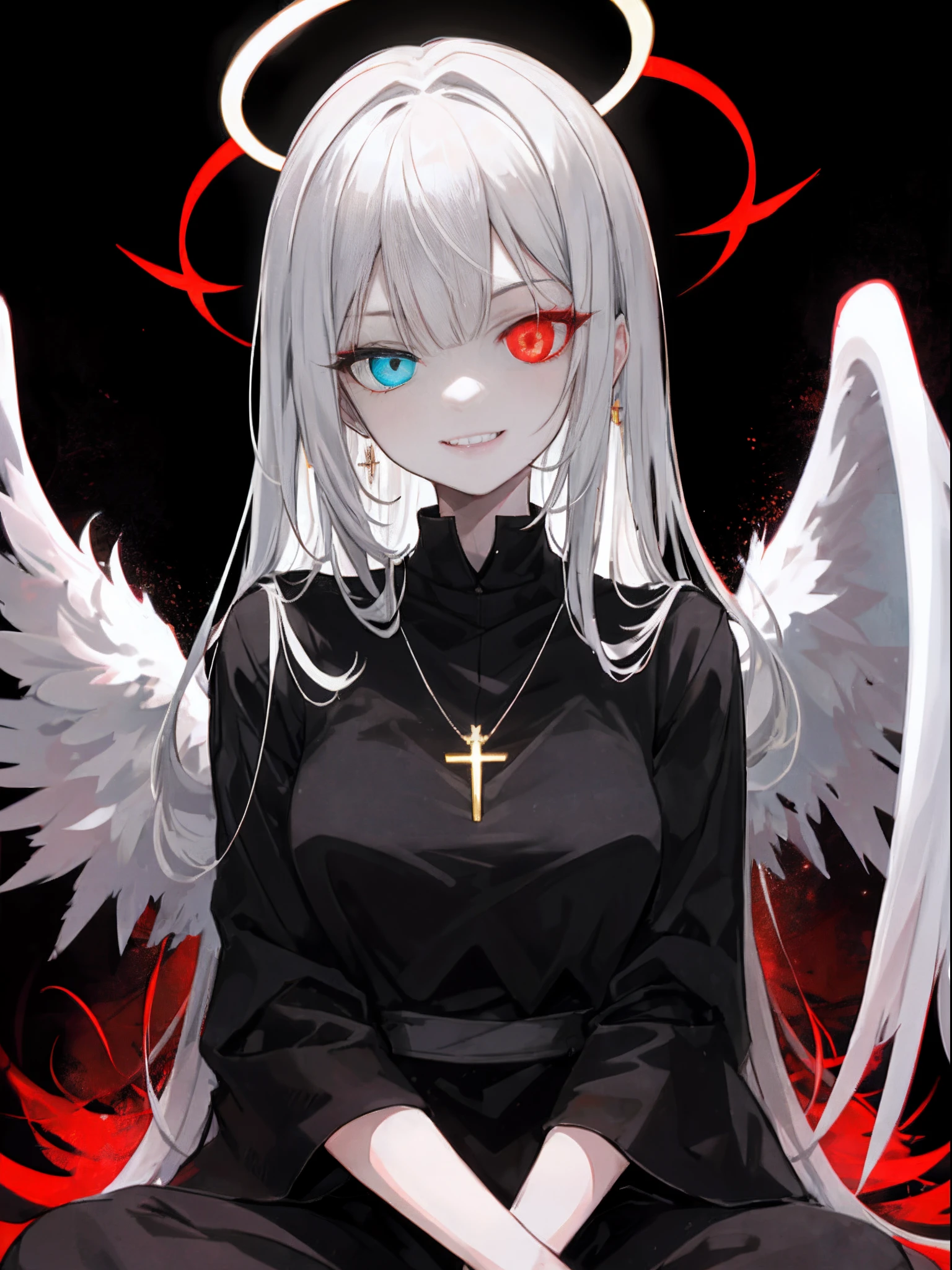 masterpiece , abyss , beauty , white hair , red eyes , halo ring angel , soft light , dark vibe , no wings , she looks badass , glowing eyes , horror , scary smile, yandere , mature women