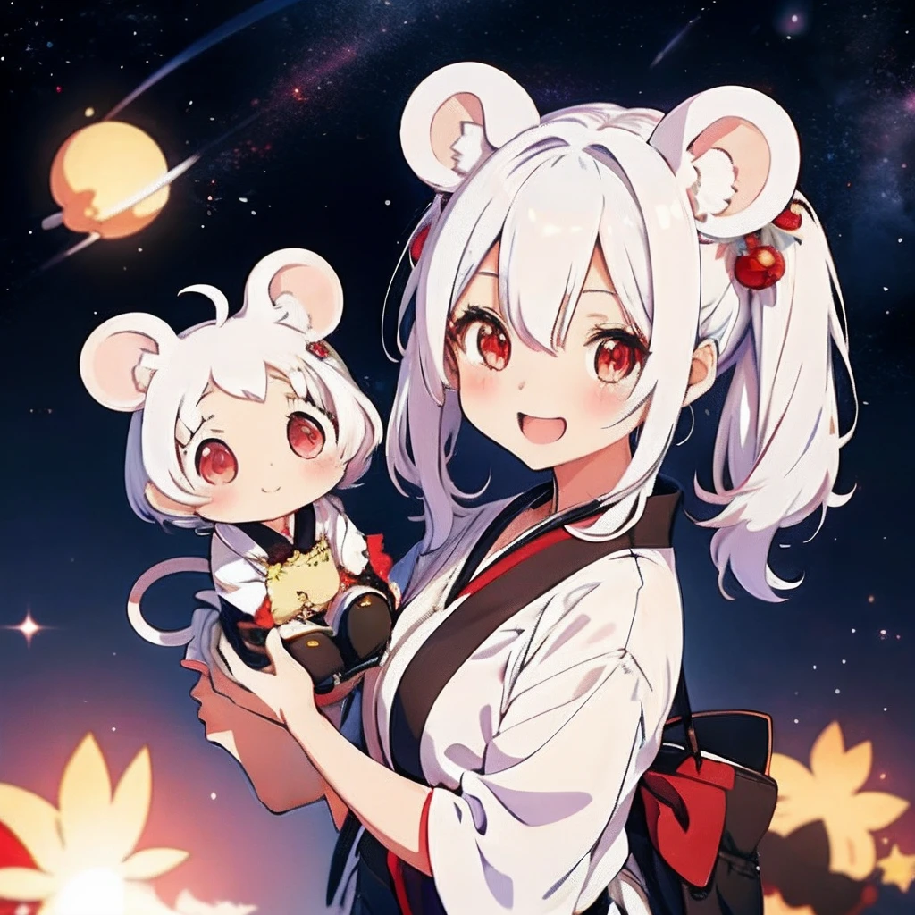 Anime girl with white hair, girl with１a person、（personification）、straight haired、（Twin-tailed）Twin-tailed、Red hair ornament、Anime girl with round ears of a mouse, Anime visuals of cute girls, （Wearing a red kimono）（large ears that are round and white,,）、（I have a pet rat next to me）、portlate、（Outer space background）Outer space background、（A big smile）