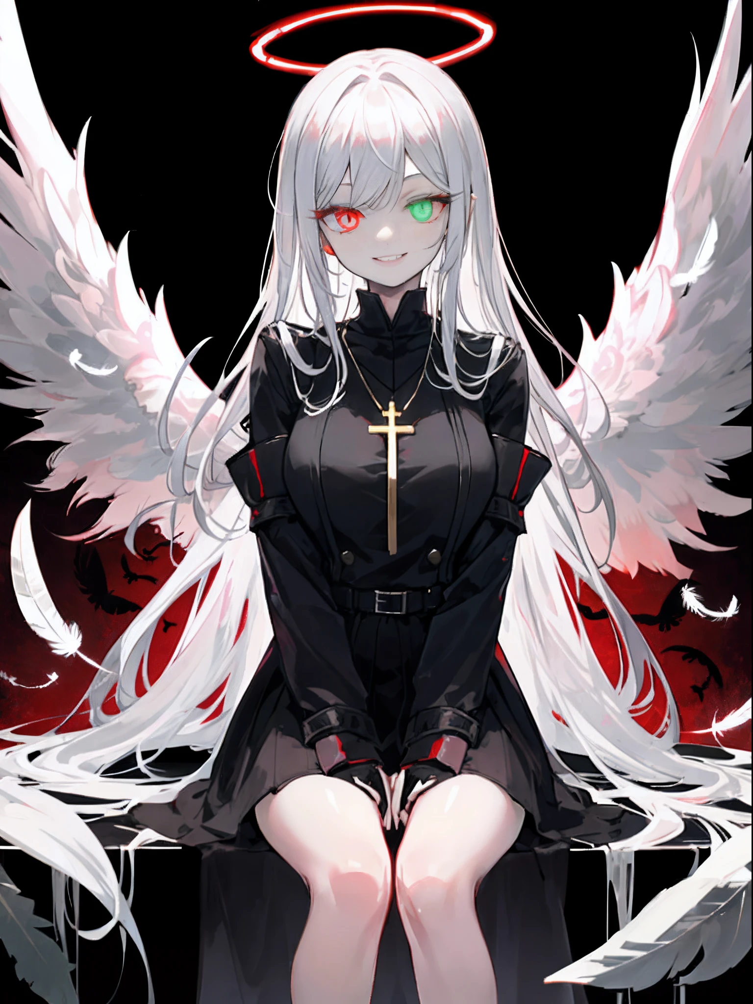 1girl in, (Scary), Angel, Gorgios, on the lap, (red halo), Dark, Glowing eyes, Heterochromia eye, Angel wings, glowing pendant, holy, Sensual milf, black tunic, Feathers, which are full of confidence, Smile, Expressive eyes, collofull eyes, Contrasty, shadowy, masutepiece, Digital Art, Glowing eyes, Intimidating, corrupted, Demonic