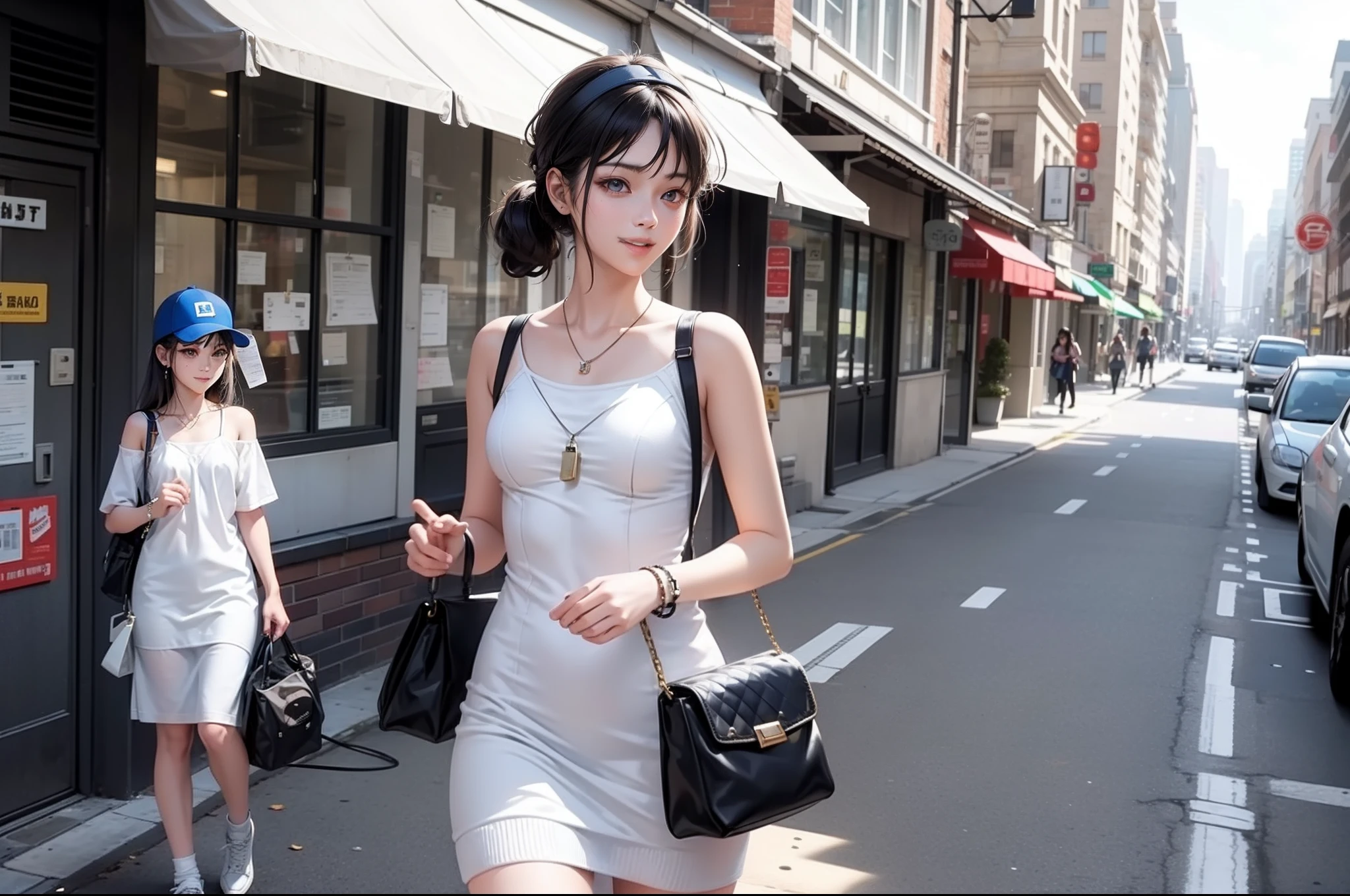 Future scenarios,In front of the student apartment building,and the sun was shining brightly,A -year-olat ch 1.2)Kizi,Carrying a bag,dressed in(White slip dress 1.2),Wear a thick knitted visor,with smile。