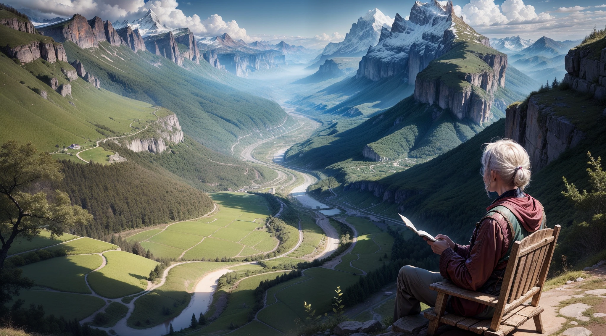 Seated wise master looking at the path in the valley between the mountains