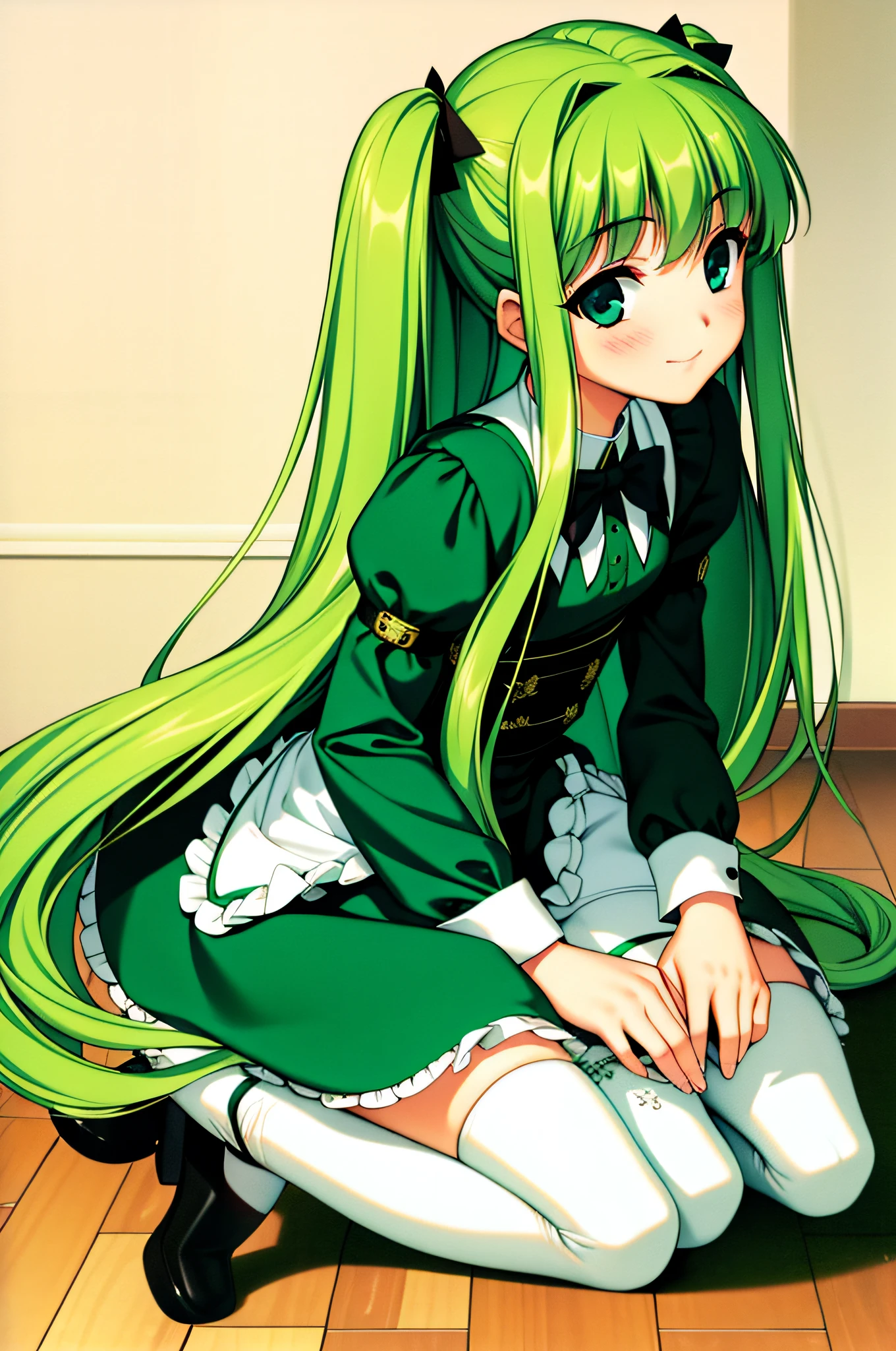 quadratic element,teens girl,Cat lady,green long hair,the maid outfit,Kneeling white stockings,ssmile